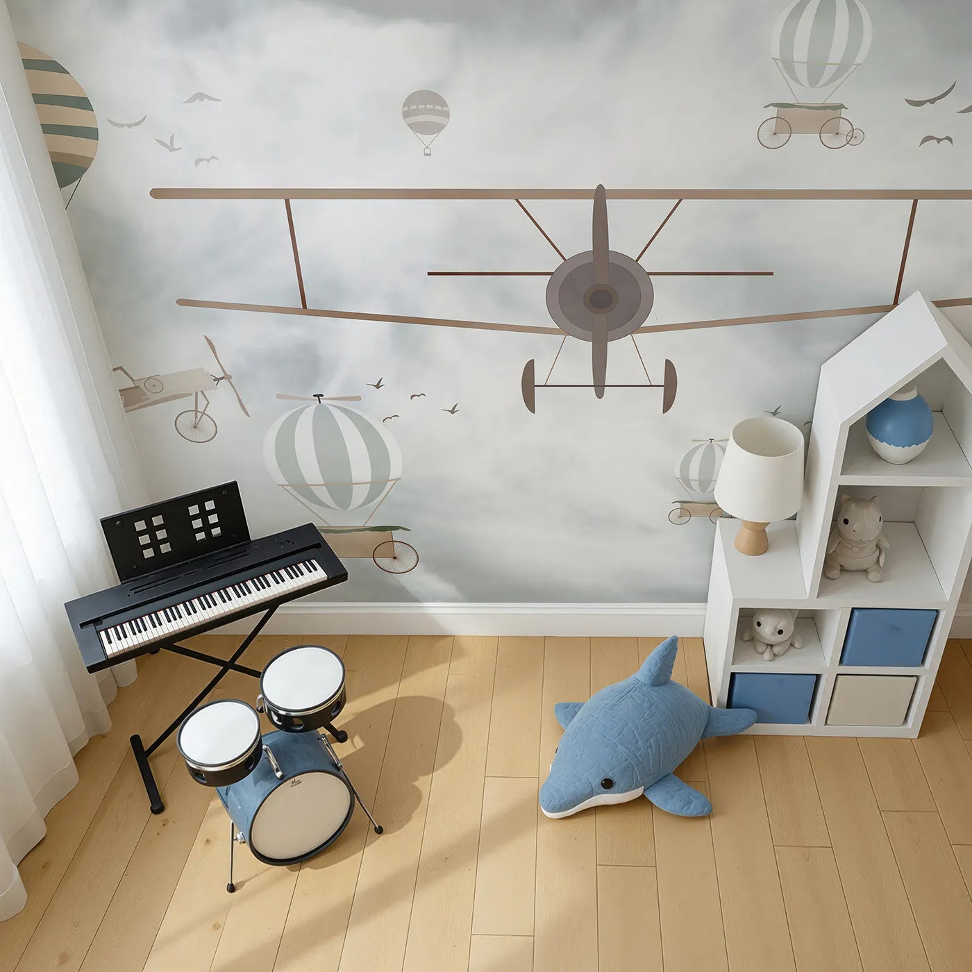 Top-down view of Whimsy Tots' Vintage Sky Adventure Wall Mural (Turn Their Room into a Nostalgic, Cloudy Day of Flying).Gender-Neutral