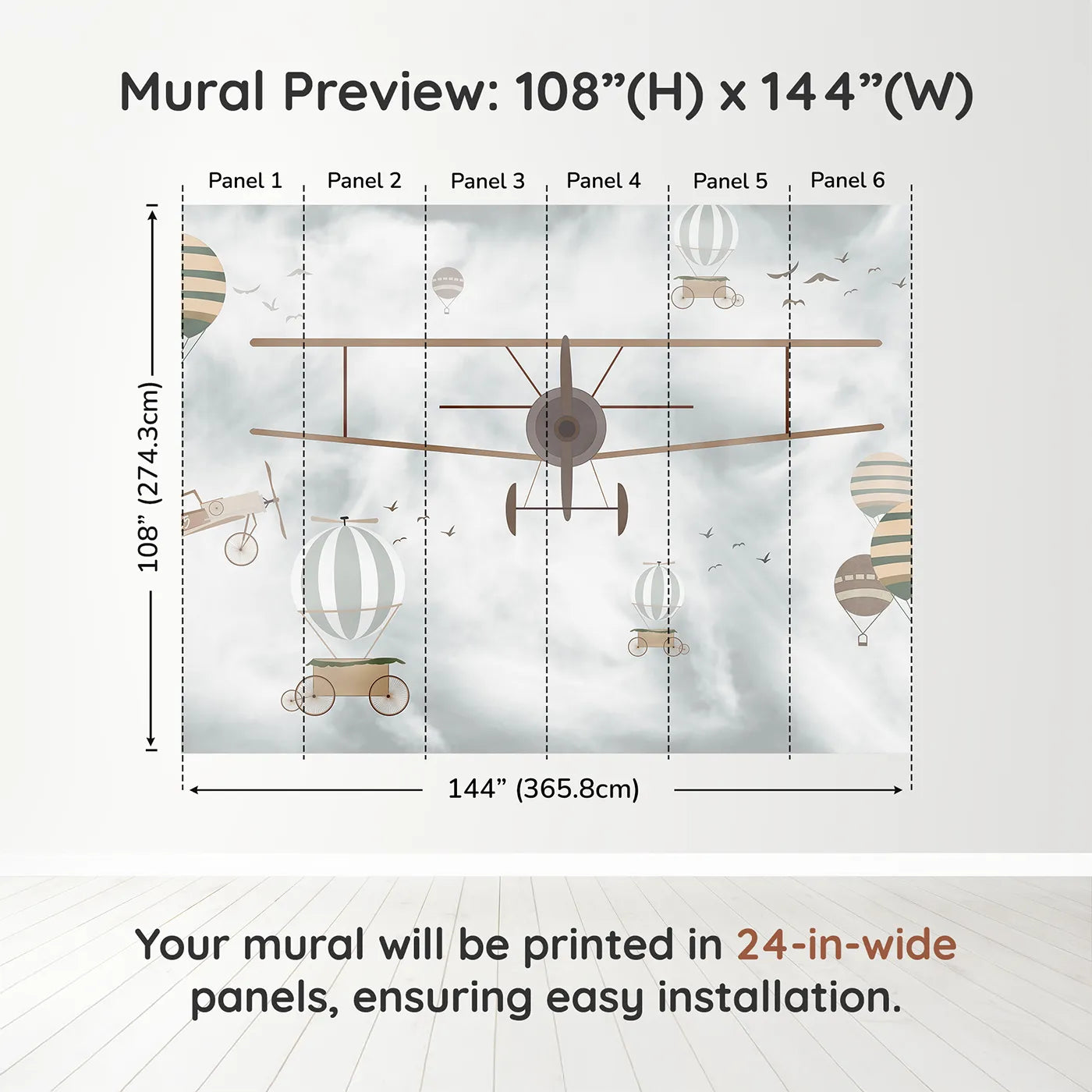 Whimsy Tots Vintage Sky Adventure Wall Muraldimension view (108" H x 144" W). Printed in six 24-inch-wide panels. Gender-Neutral