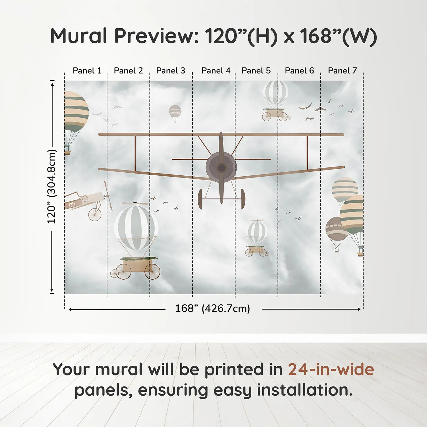 Whimsy Tots Vintage Sky Adventure Wall Muraldimension view (120" H x 168" W). Printed in seven 24-inch-wide panels. Gender-Neutral
