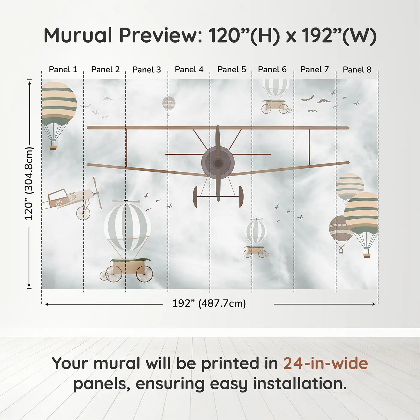 Whimsy Tots Vintage Sky Adventure Wall Muraldimension view (120" H x 192" W). Printed in eight 24-inch-wide panels. Gender-Neutral
