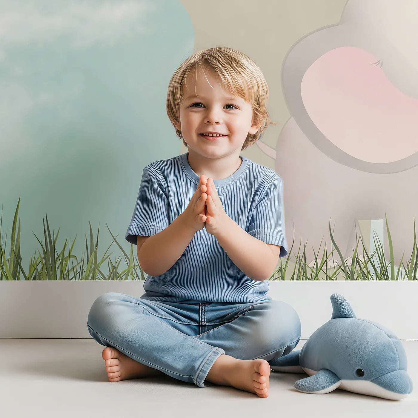Child in front of Whimsy Tots Jungle Friends Playtime Wall Mural with animal, safari, jungle, cute, giraffe, elephant, panda, forest in design.