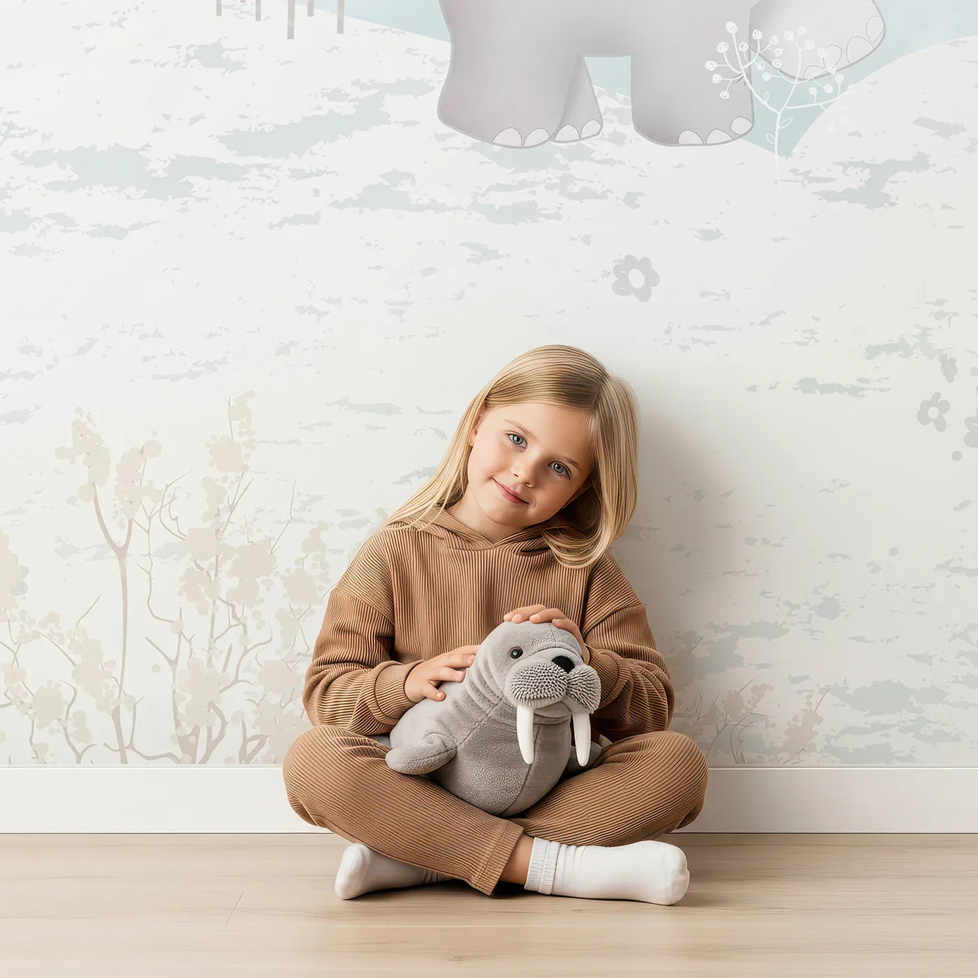 Child in front of Whimsy Tots Safari Flying Club Wall Mural with animal, safari, airplane, cute, vintage, elephant, giraffe, panda in design.