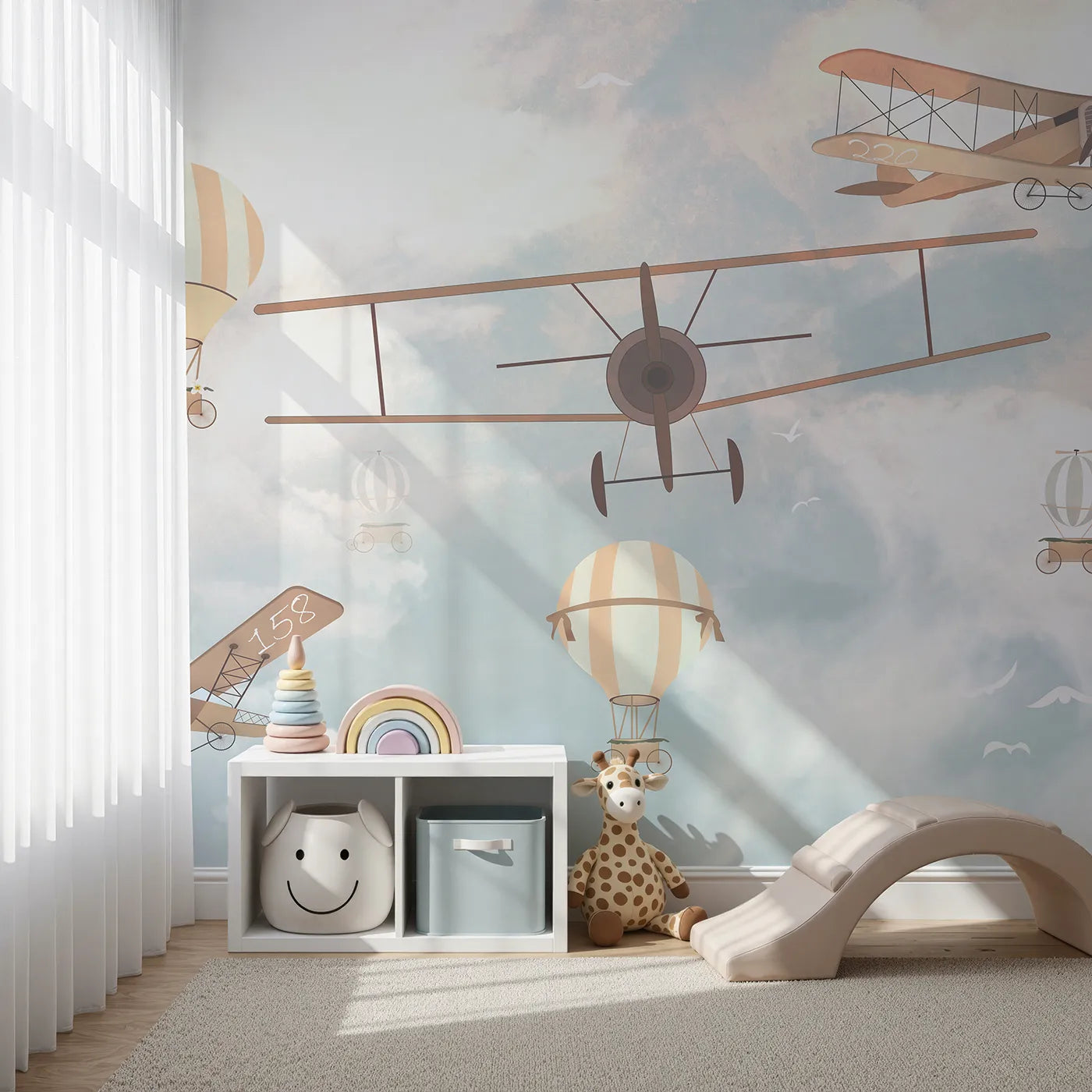 Front view of Whimsy Tots' Vintage Sky Parade Wall Mural