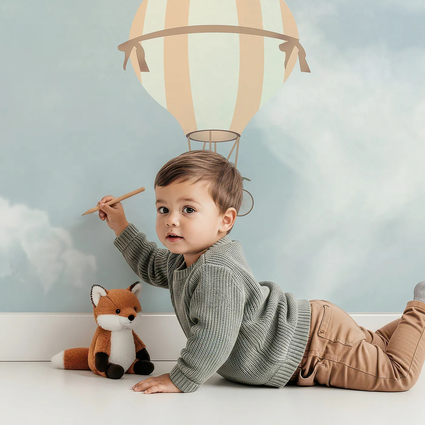 Child in front of Whimsy Tots Vintage Sky Parade Wall Mural with airplane, balloon, vintage, sky, cloud, retro, beige, orange in design.