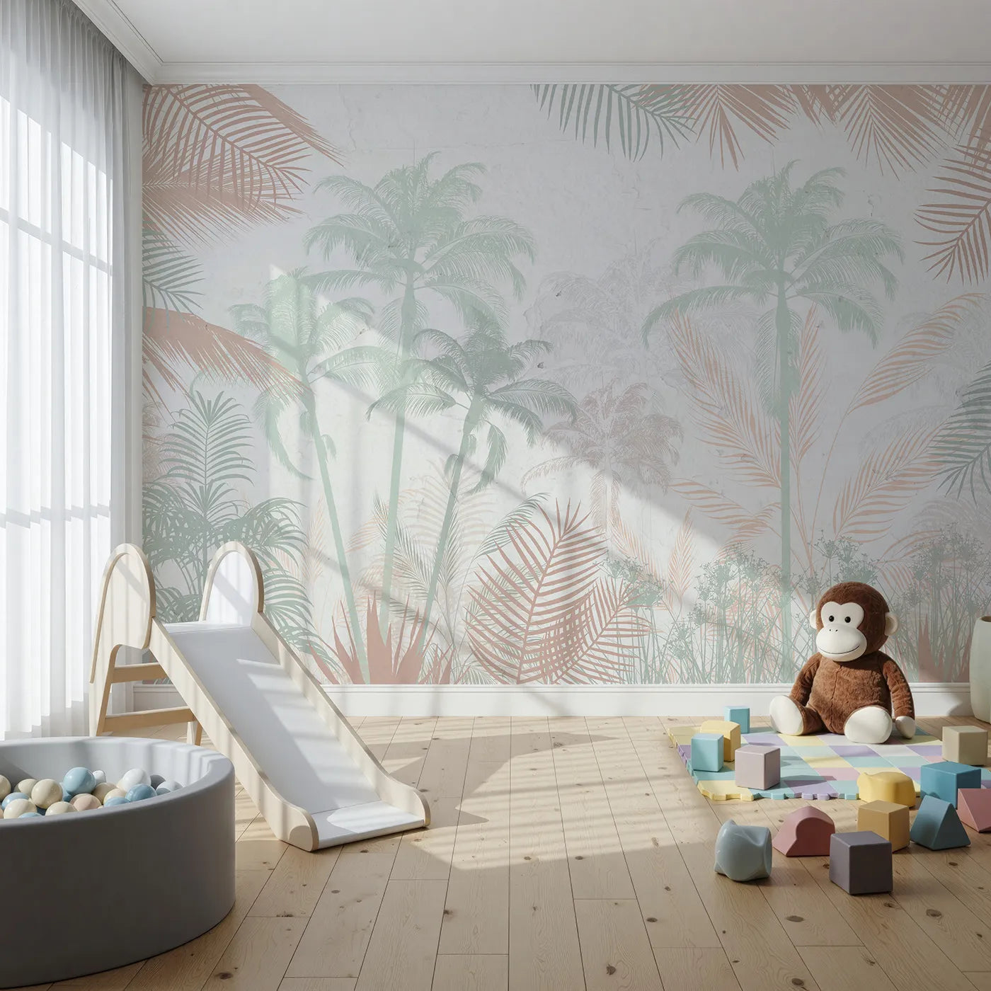 Front view of Whimsy Tots' Pastel Palm Jungle Wall Mural