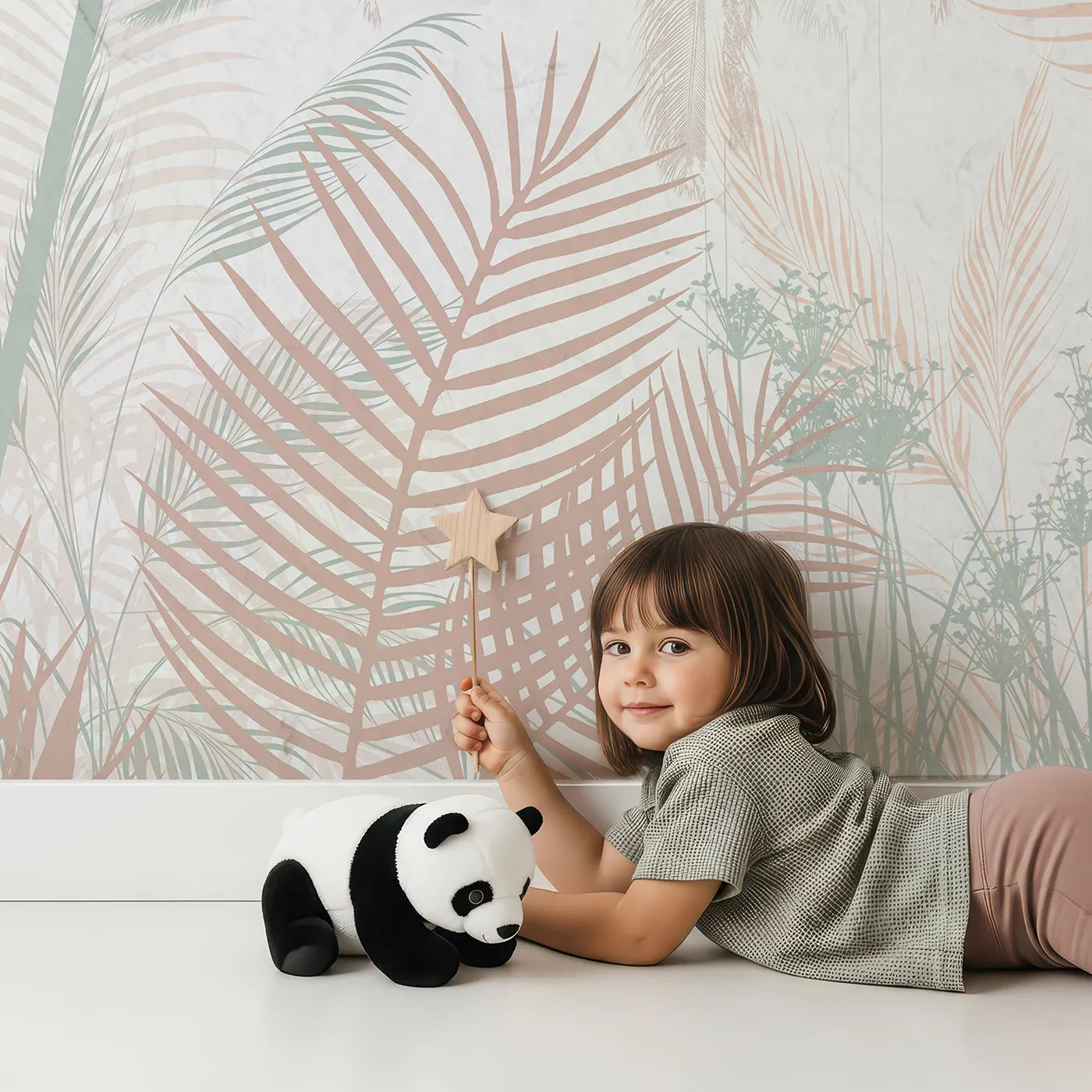 Child in front of Whimsy Tots Pastel Palm Jungle Wall Mural with tropical, palm, leaf, pastel, pink, green, jungle, modern in design.