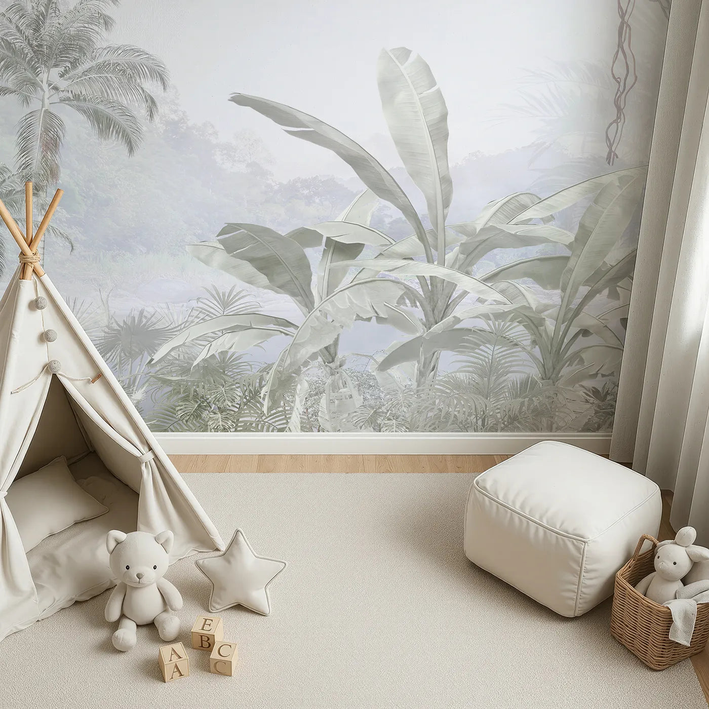 Top-down view of Whimsy Tots' Misty Gray Jungle Wall Mural (Turn Their Room into an Ethereal, Monochrome Rainforest).Gender-Neutral