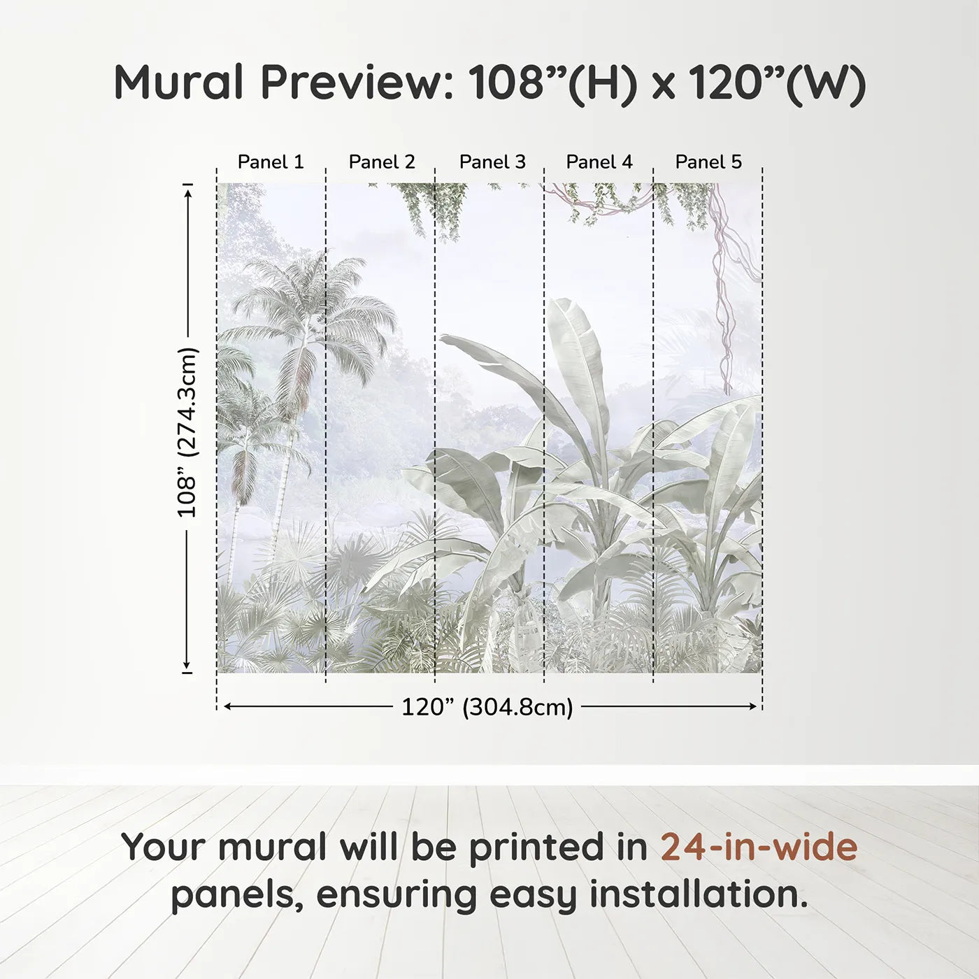 Whimsy Tots Misty Gray Jungle Wall Muraldimension view (108" H x 120" W). Printed in five 24-inch-wide panels. Gender-Neutral
