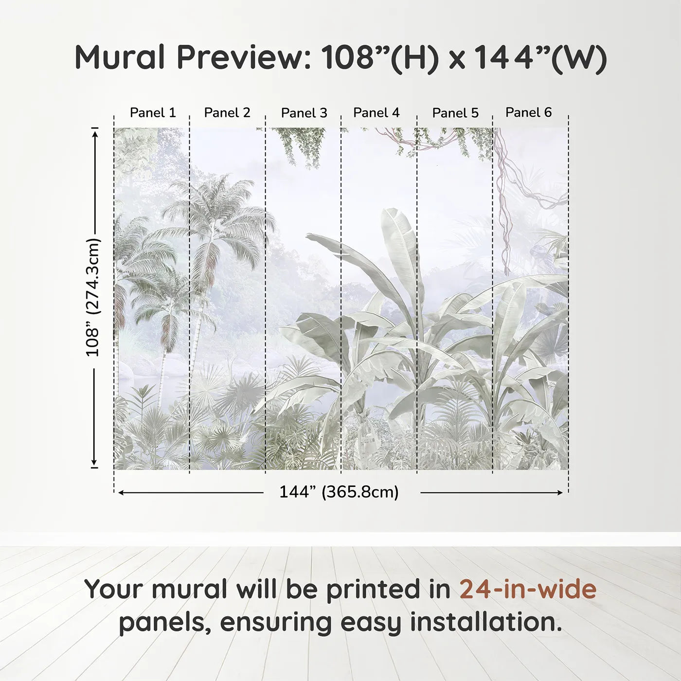 Whimsy Tots Misty Gray Jungle Wall Muraldimension view (108" H x 144" W). Printed in six 24-inch-wide panels. Gender-Neutral