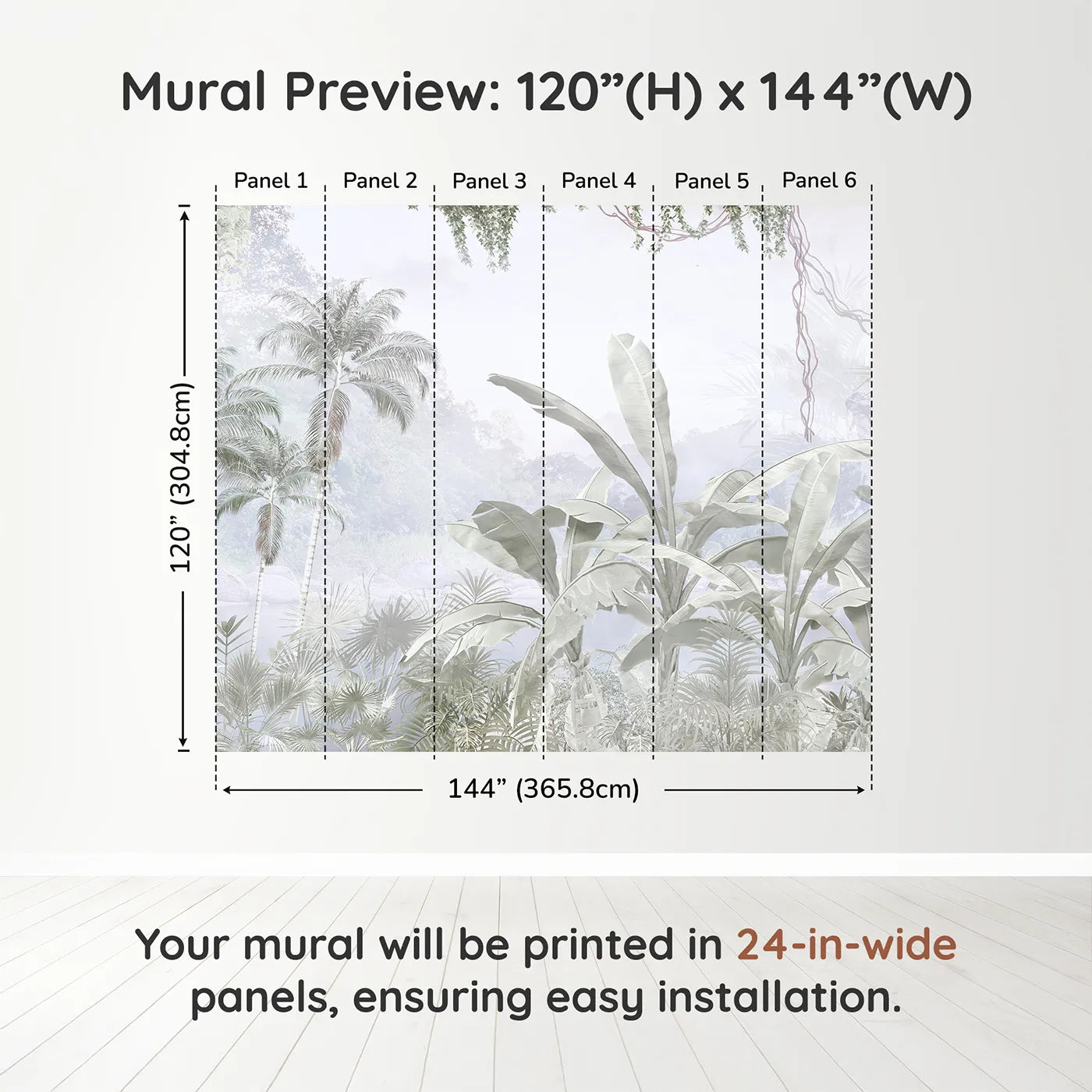 Whimsy Tots Misty Gray Jungle Wall Muraldimension view (120" H x 144" W). Printed in six 24-inch-wide panels. Gender-Neutral