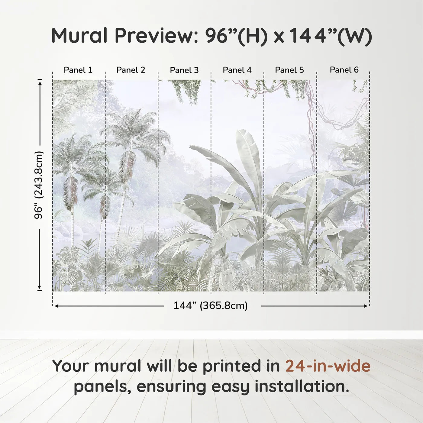 Whimsy Tots Misty Gray Jungle Wall Muraldimension view (96" H x 144" W). Printed in six 24-inch-wide panels. Gender-Neutral