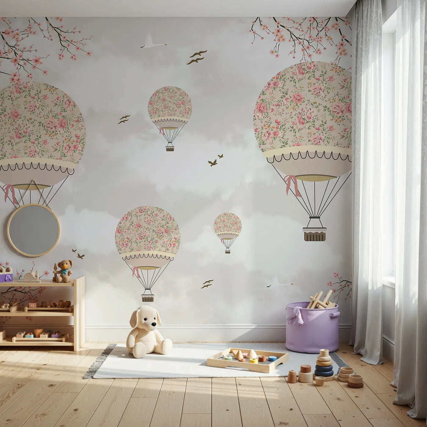 Front view of Whimsy Tots' Floral Balloon Festival Wall Mural