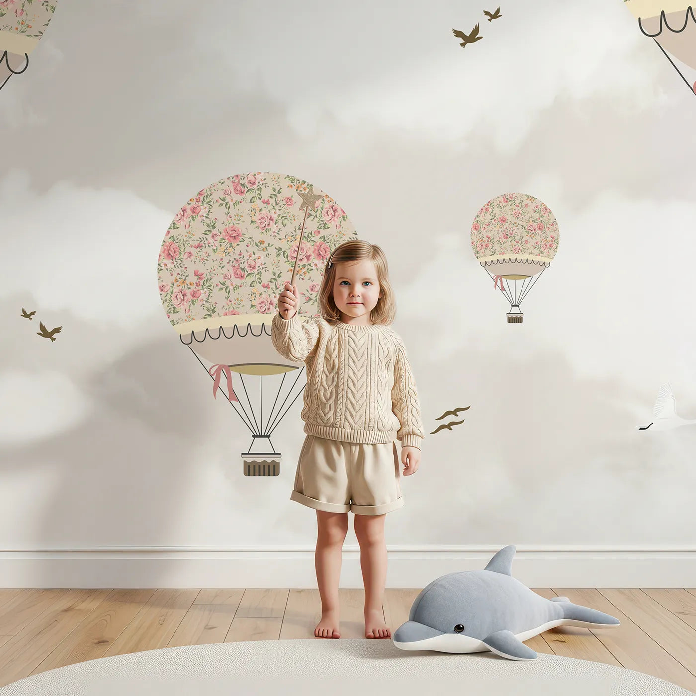 Child in front of Whimsy Tots Floral Balloon Festival Wall Mural with balloon, floral, flower, vintage, sky, blossom, romantic, pink in design.