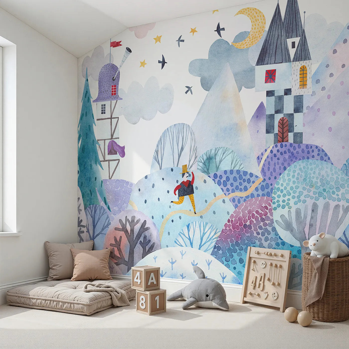 Angled view of Whimsy Tots' Winter Kingdom Wall Mural (Turn Their Room into a Magical, Snowy Fairytale).Gender-Neutral