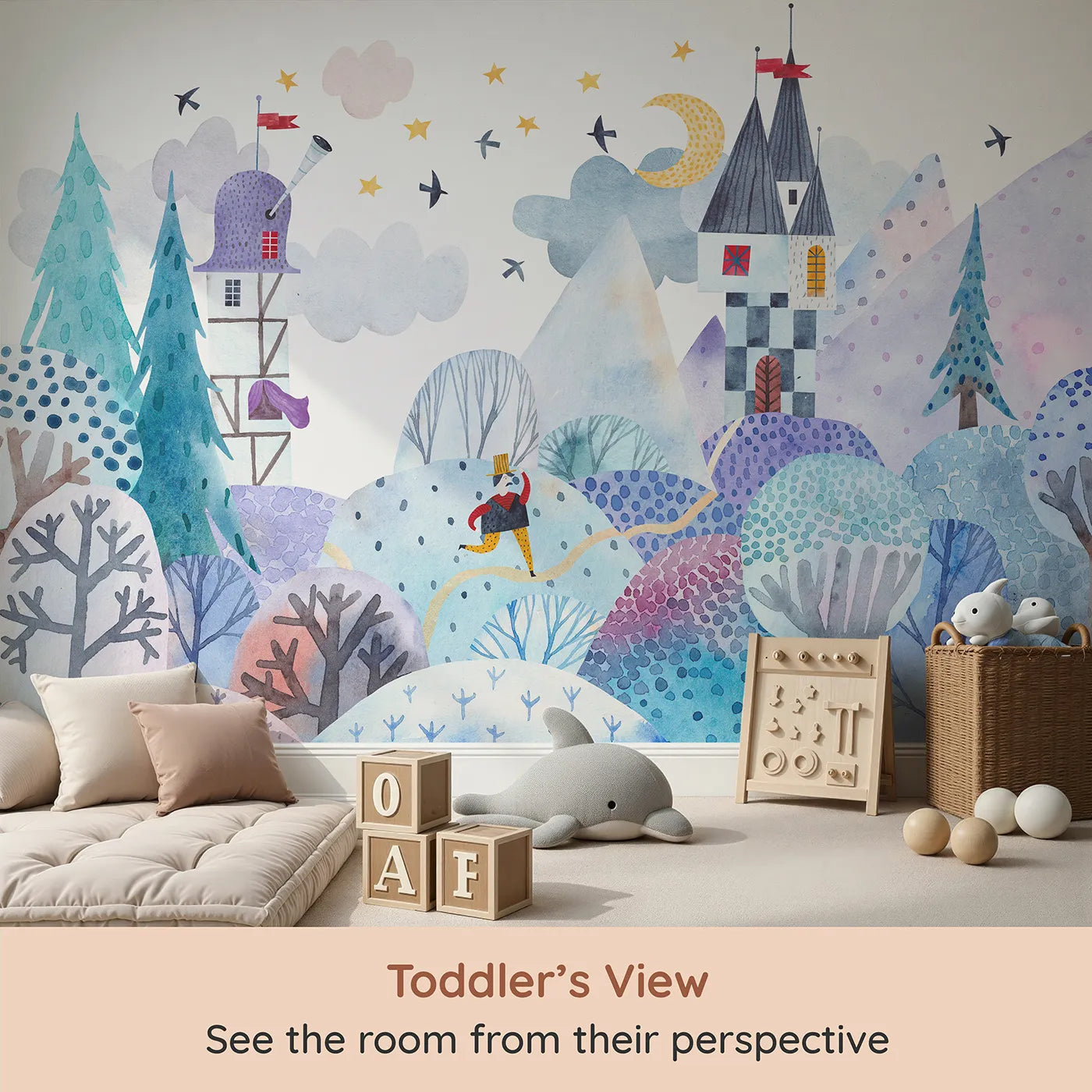Whimsy Tots Winter Kingdom Wall Mural (Turn Their Room into a Magical, Snowy Fairytale) from your child's view.Gender-Neutral