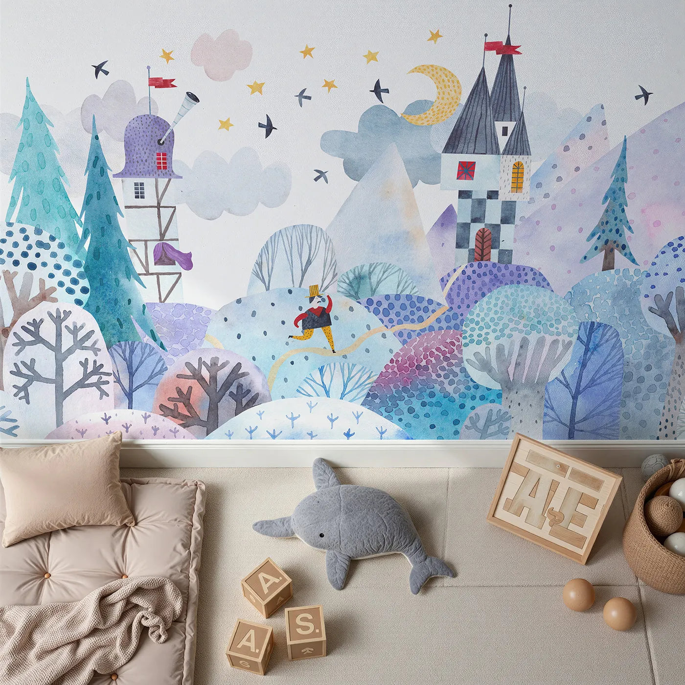 Top-down view of Whimsy Tots' Winter Kingdom Wall Mural (Turn Their Room into a Magical, Snowy Fairytale).Gender-Neutral