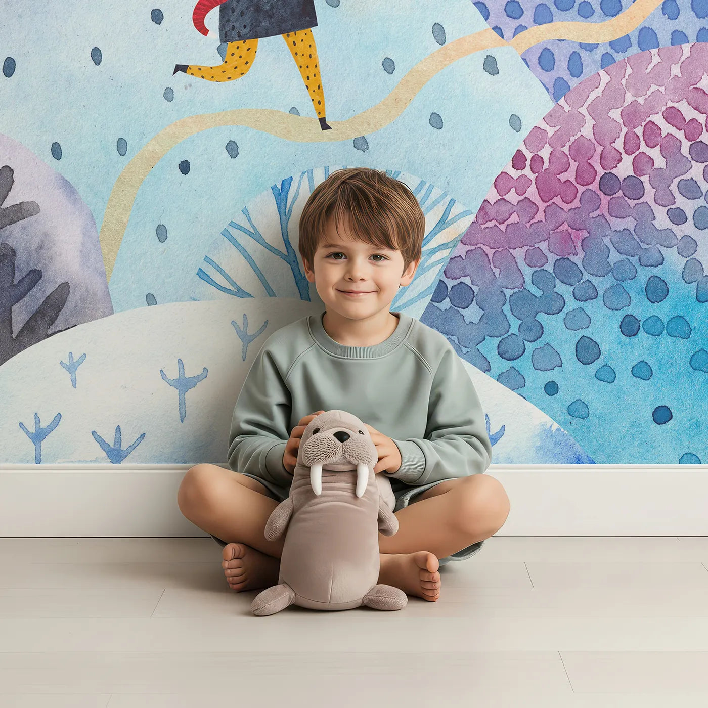 Child in front of Whimsy Tots Winter Kingdom Wall Mural with castle, winter, snow, king, fantasy, watercolor, moon, whimsical in design.