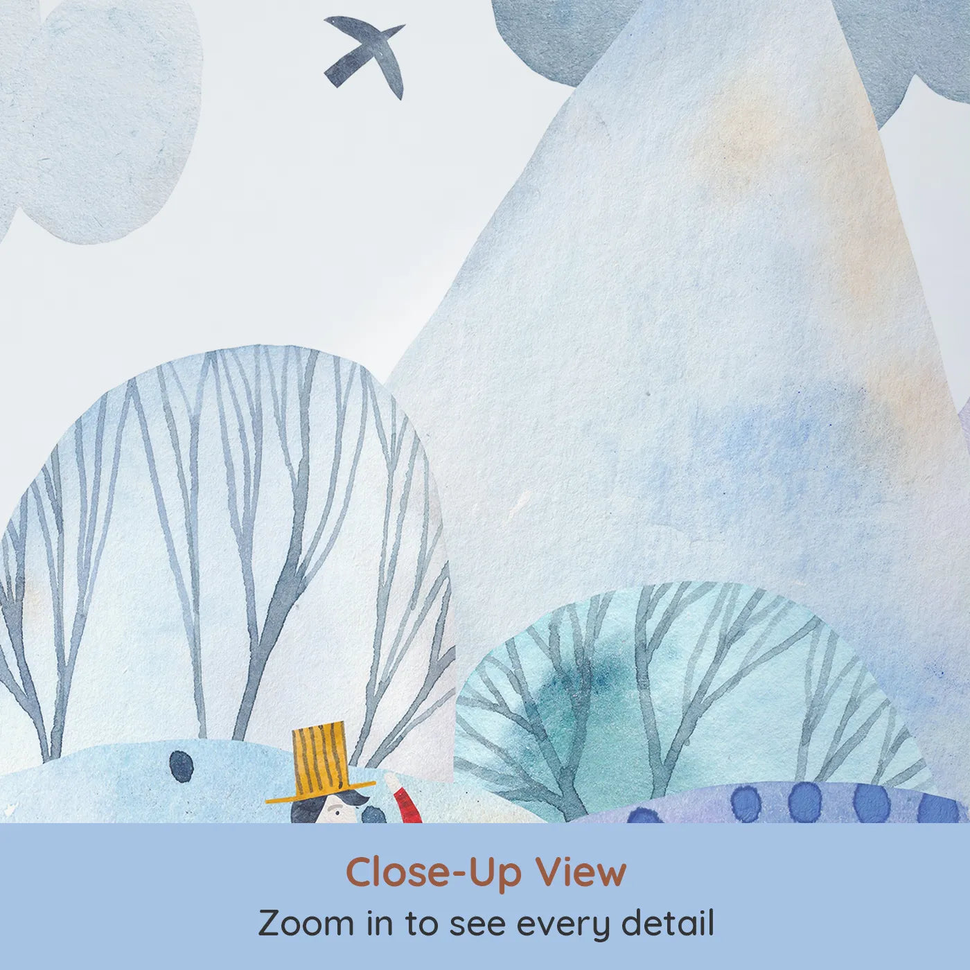 Close-up view of Whimsy Tots' Winter Kingdom Wall Mural (Turn Their Room into a Magical, Snowy Fairytale).Gender-Neutral