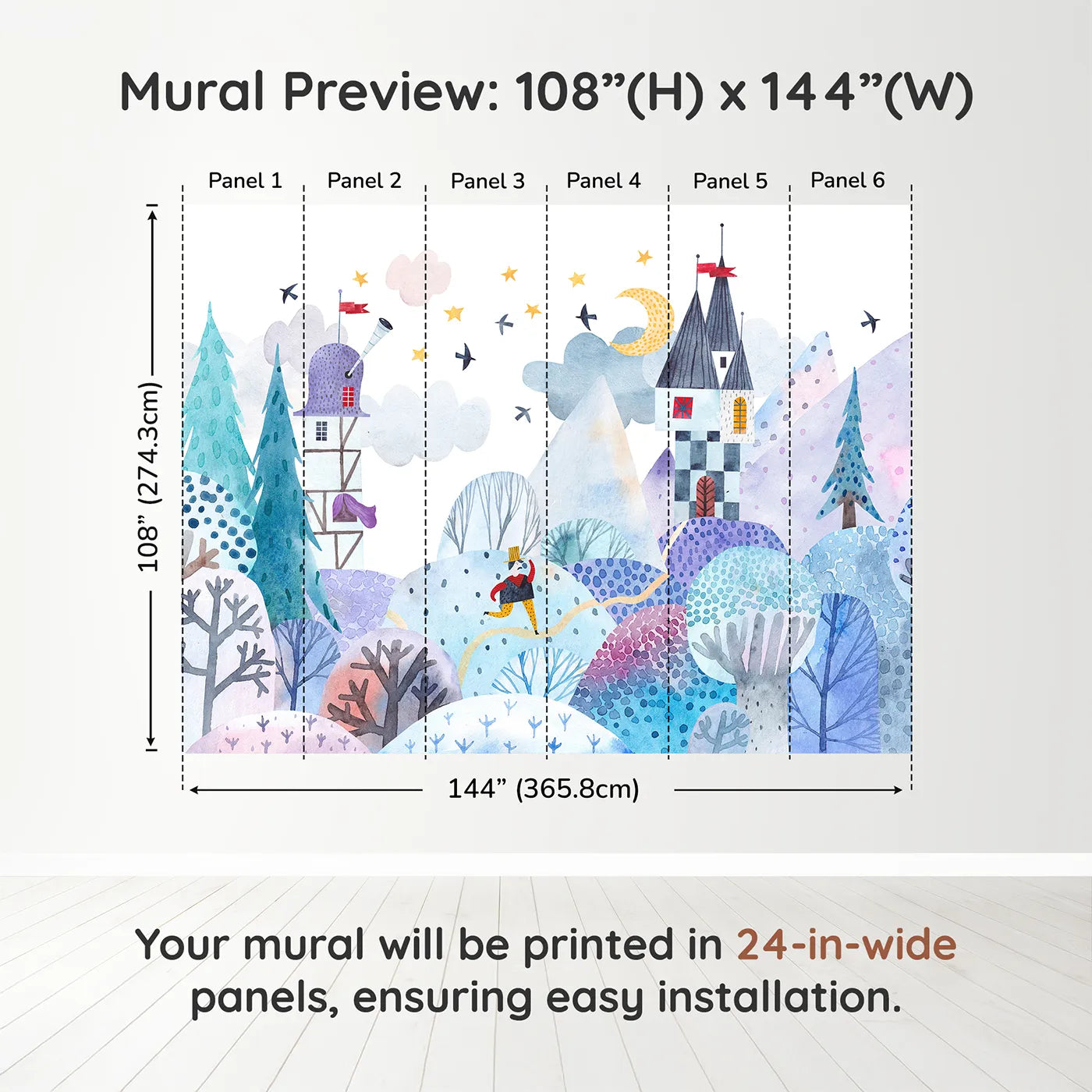 Whimsy Tots Winter Kingdom Wall Muraldimension view (108" H x 144" W). Printed in six 24-inch-wide panels. Gender-Neutral