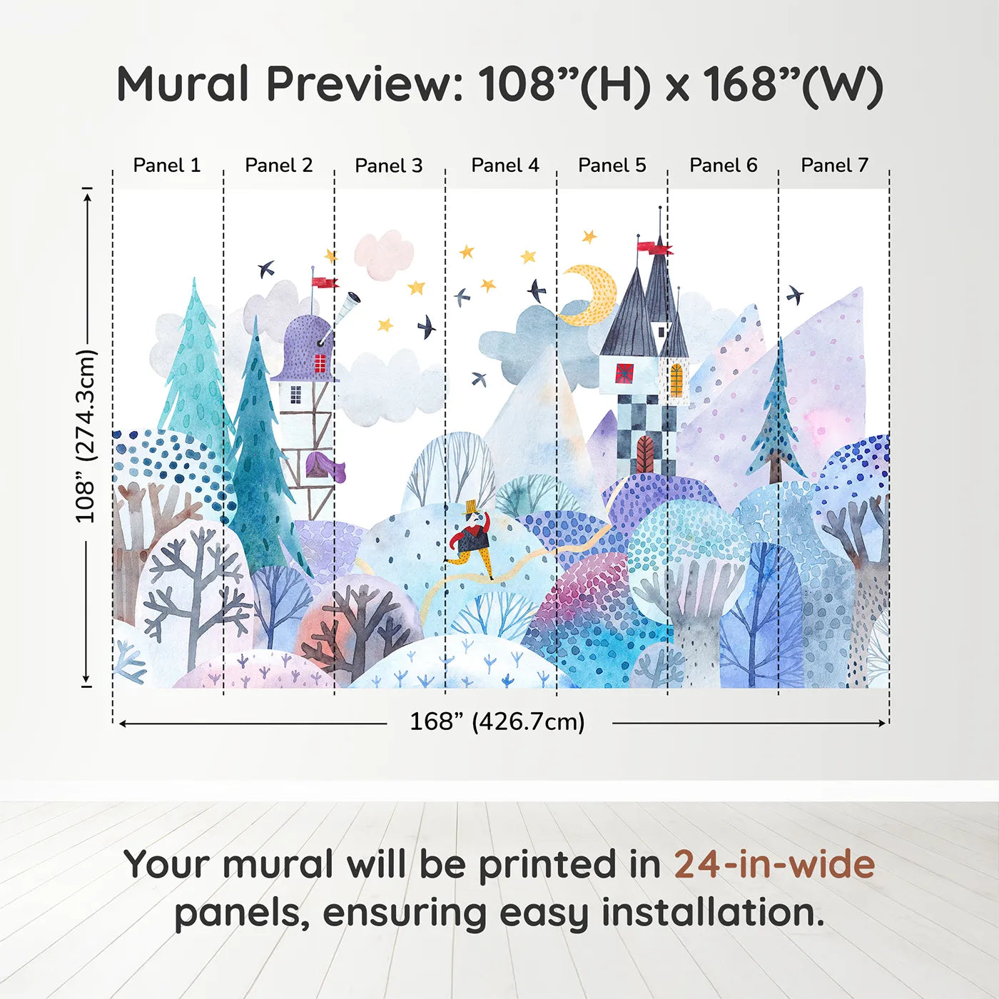Whimsy Tots Winter Kingdom Wall Muraldimension view (108" H x 168" W). Printed in seven 24-inch-wide panels. Gender-Neutral