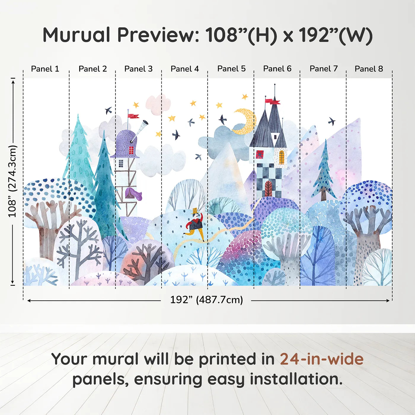 Whimsy Tots Winter Kingdom Wall Muraldimension view (108" H x 192" W). Printed in eight 24-inch-wide panels. Gender-Neutral
