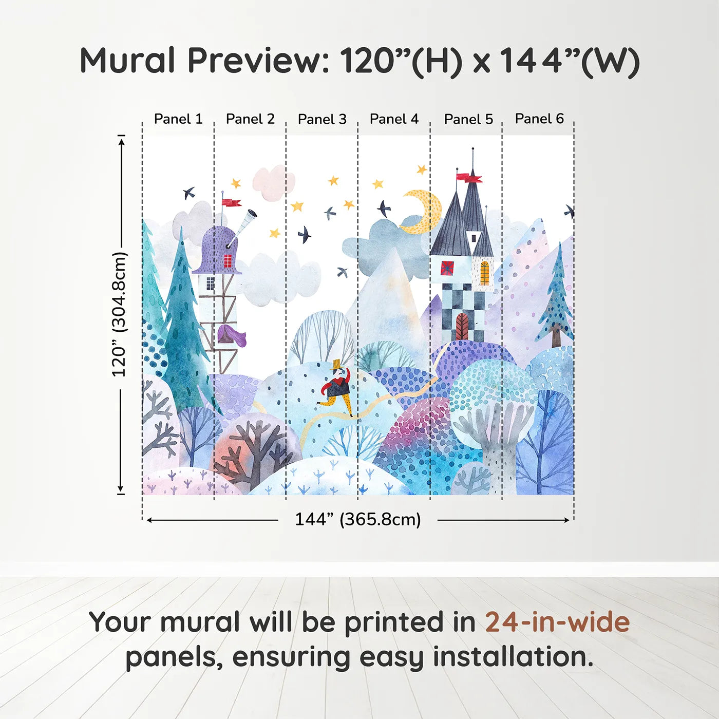 Whimsy Tots Winter Kingdom Wall Muraldimension view (120" H x 144" W). Printed in six 24-inch-wide panels. Gender-Neutral