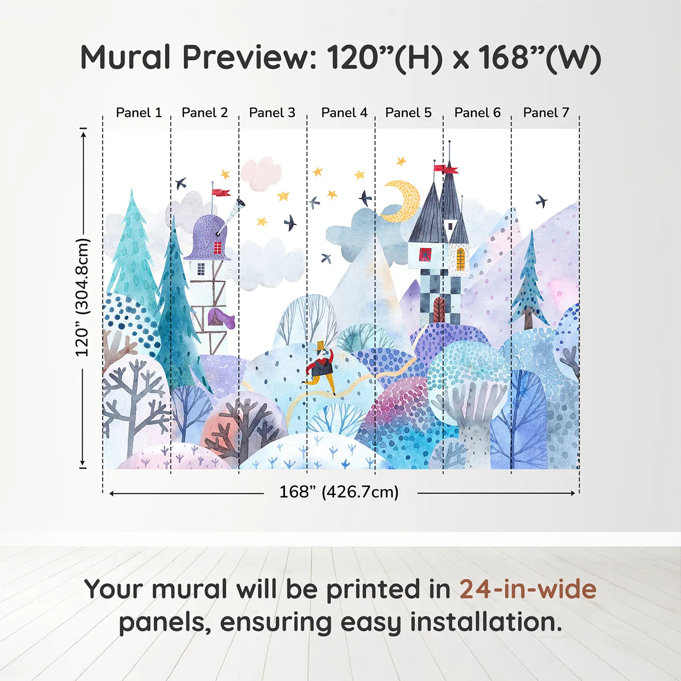 Whimsy Tots Winter Kingdom Wall Muraldimension view (120" H x 168" W). Printed in seven 24-inch-wide panels. Gender-Neutral