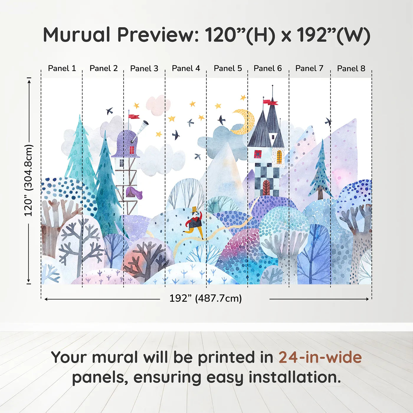 Whimsy Tots Winter Kingdom Wall Muraldimension view (120" H x 192" W). Printed in eight 24-inch-wide panels. Gender-Neutral