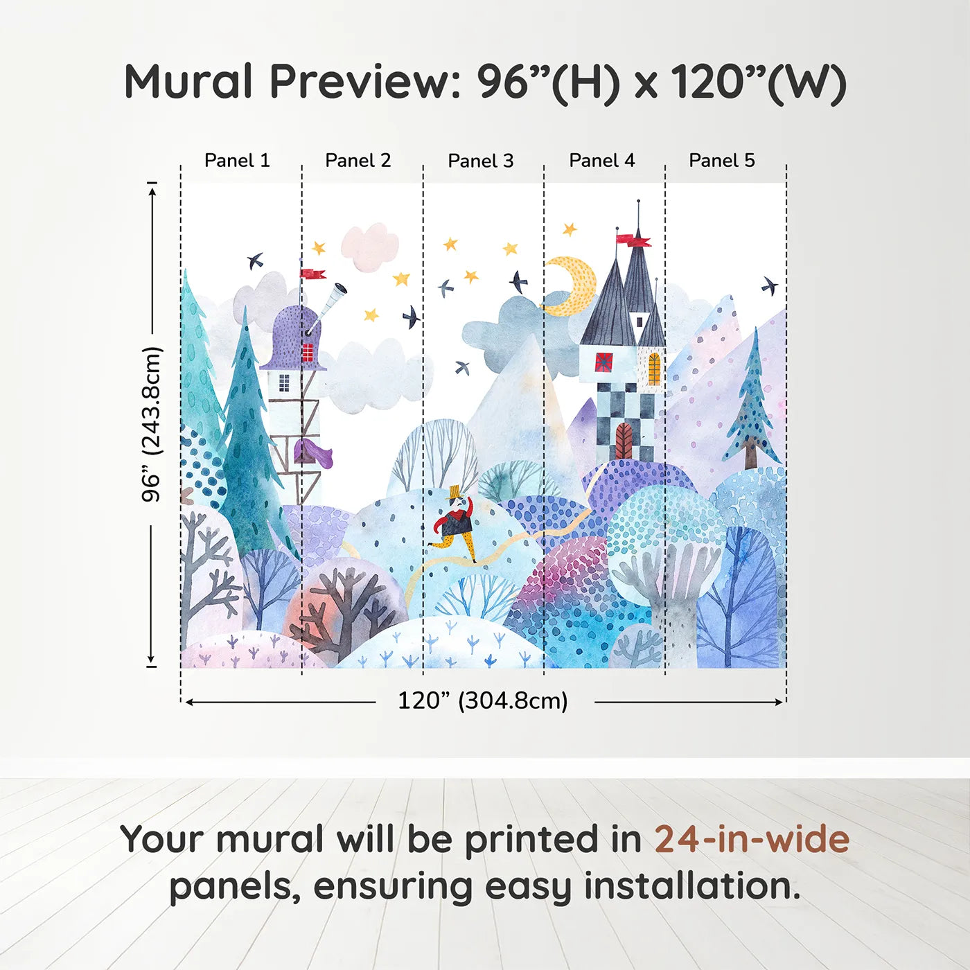 Whimsy Tots Winter Kingdom Wall Muraldimension view (96" H x 120" W). Printed in five 24-inch-wide panels. Gender-Neutral
