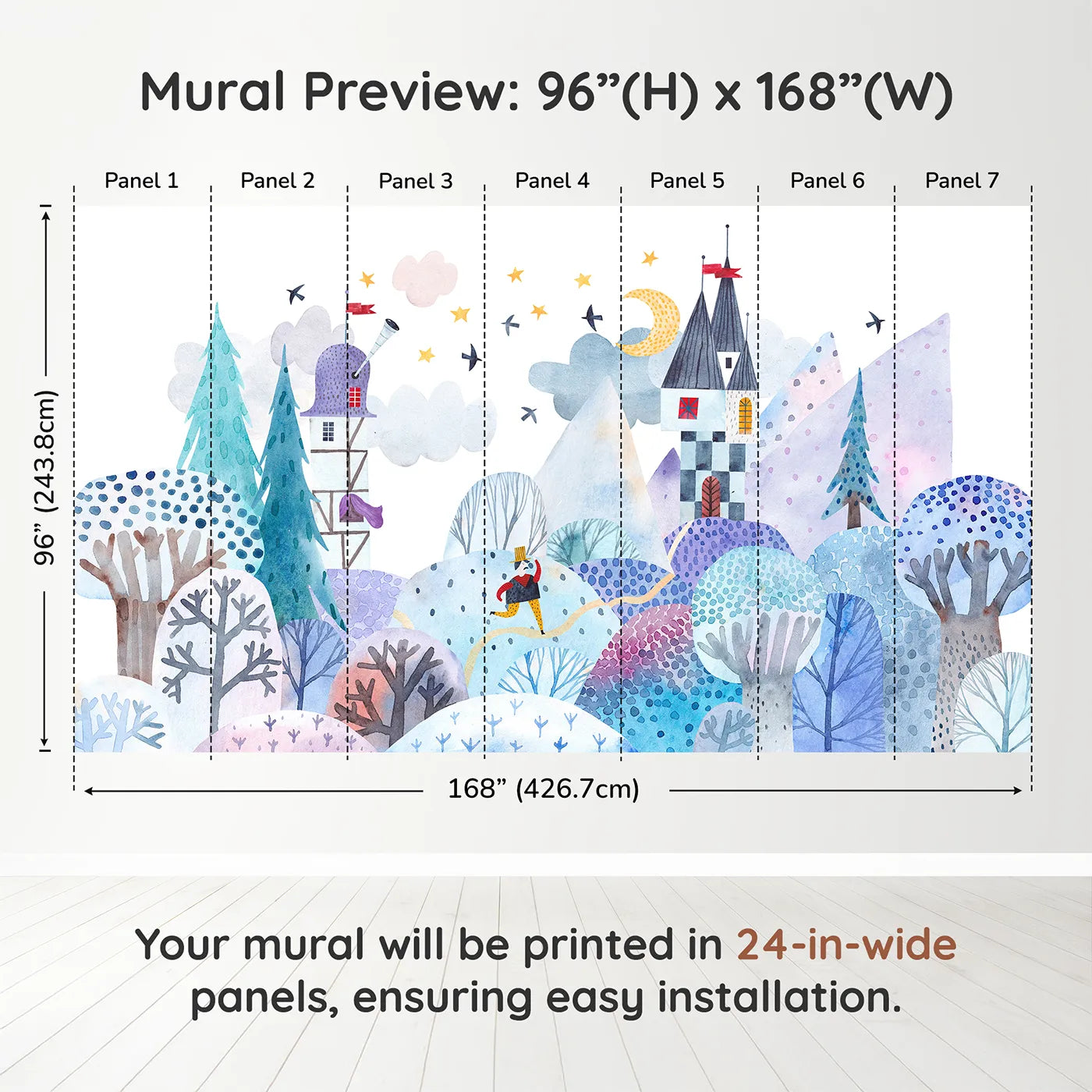Whimsy Tots Winter Kingdom Wall Muraldimension view (96" H x 168" W). Printed in seven 24-inch-wide panels. Gender-Neutral