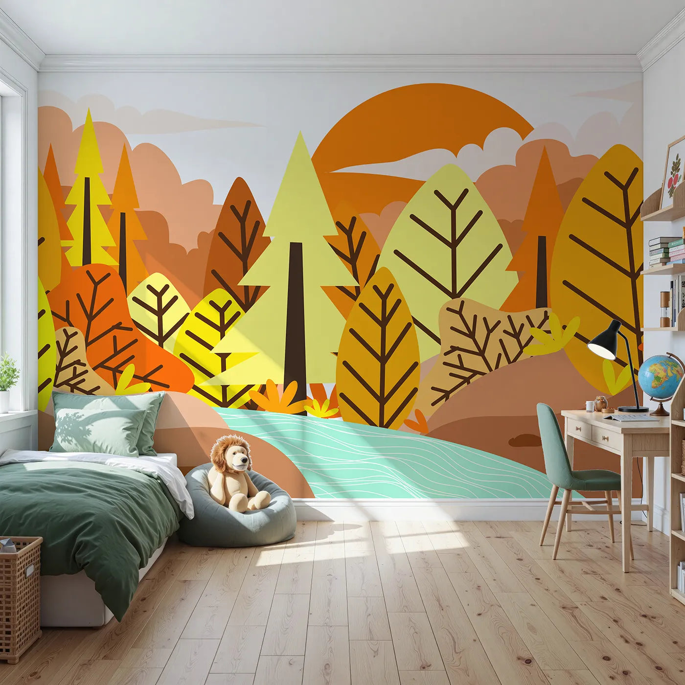 Front view of Whimsy Tots' Graphic Autumn River Wall Mural
