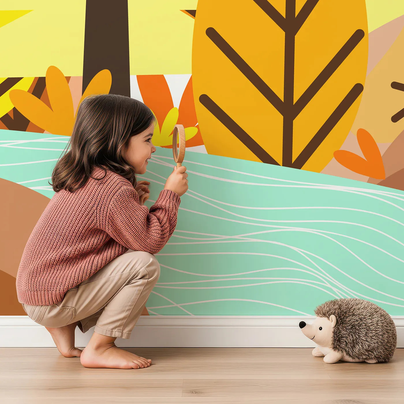 Child in front of Whimsy Tots Graphic Autumn River Wall Mural with autumn, forest, river, graphic, modern, orange, yellow, landscape in design.