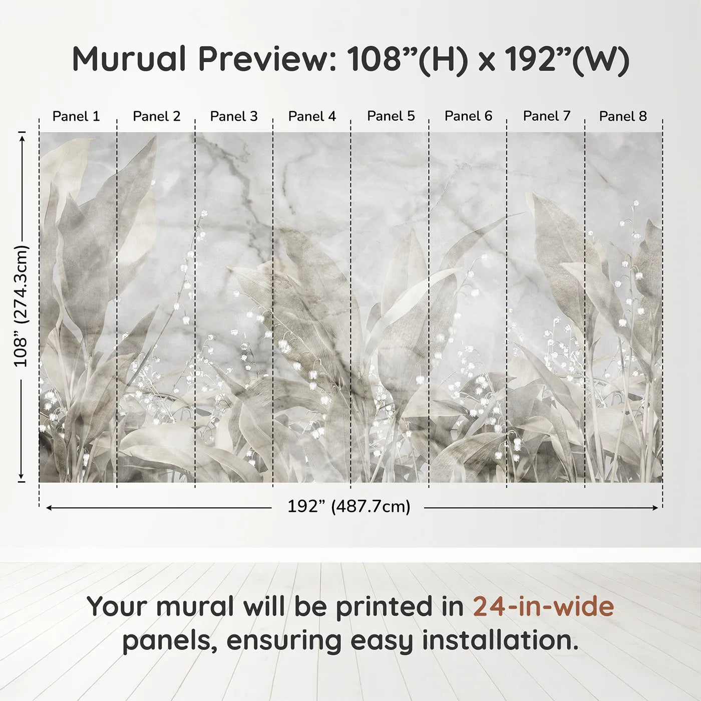 Whimsy Tots Lily of the Valley Marble Wall Muraldimension view (108" H x 192" W). Printed in eight 24-inch-wide panels. Gender-Neutral