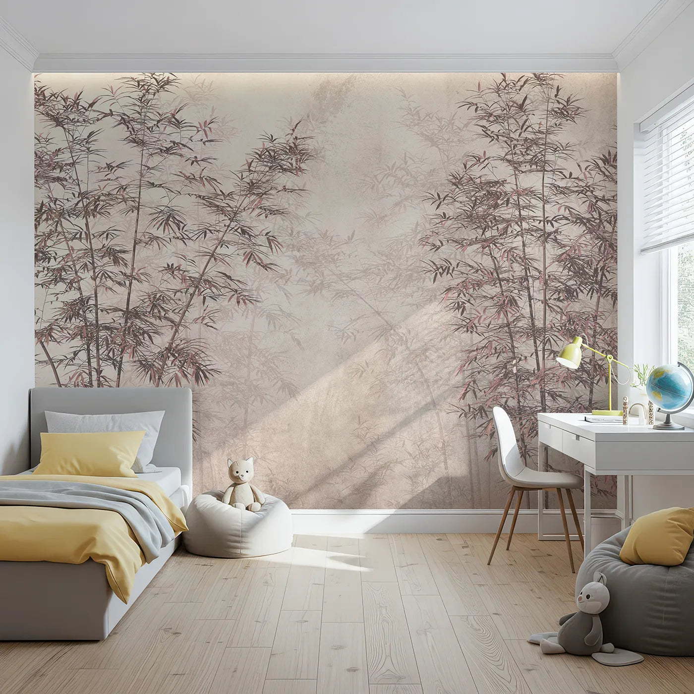 Front view of Whimsy Tots' Misty Bamboo Grove Wall Mural in Rose