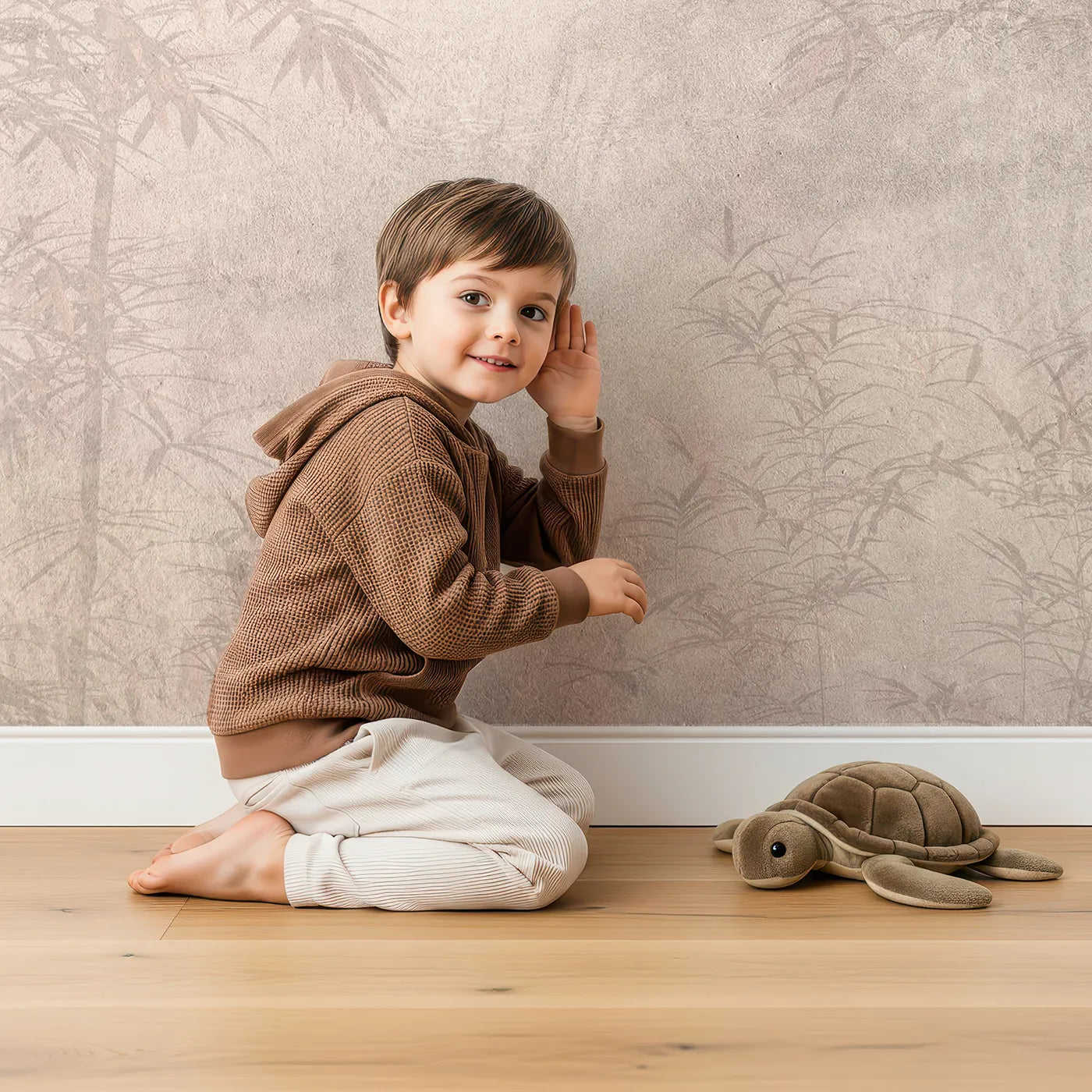 Child in front of Whimsy Tots Misty Bamboo Grove Wall Mural in Rose with bamboo, forest, mist, pink, brown, rose, zen, japanese in design.