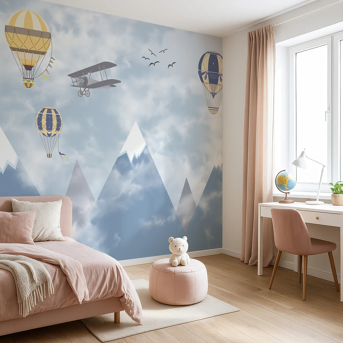 Angled view of Whimsy Tots' Mountain Air Fleet Wall Mural (Turn Their Room into a Grand and Cloudy Air Show).Gender-Neutral