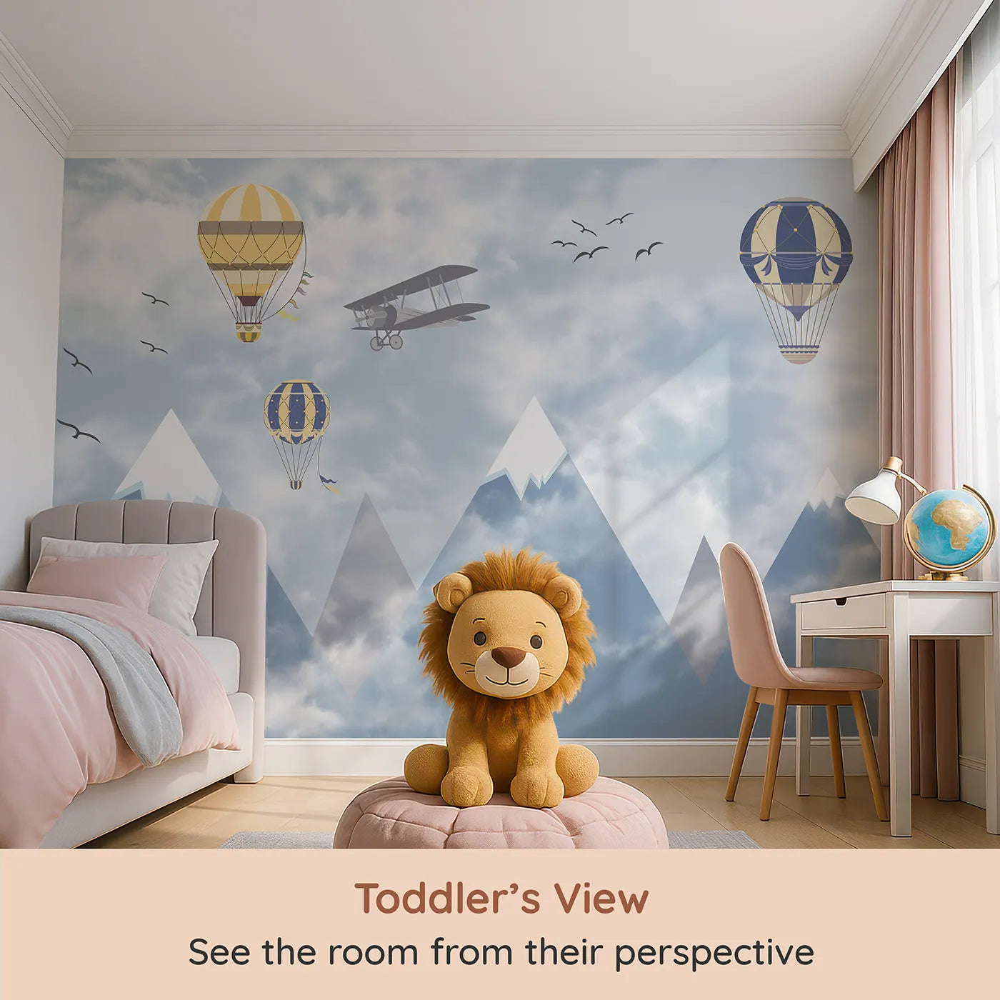Whimsy Tots Mountain Air Fleet Wall Mural (Turn Their Room into a Grand and Cloudy Air Show) from your child's view.Gender-Neutral