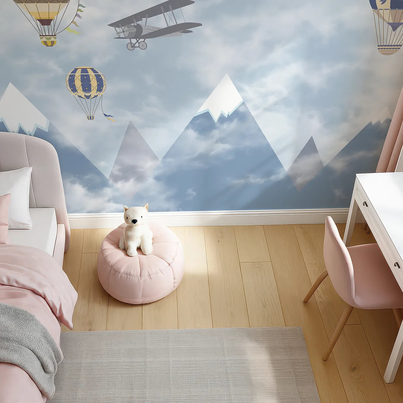 Top-down view of Whimsy Tots' Mountain Air Fleet Wall Mural (Turn Their Room into a Grand and Cloudy Air Show).Gender-Neutral
