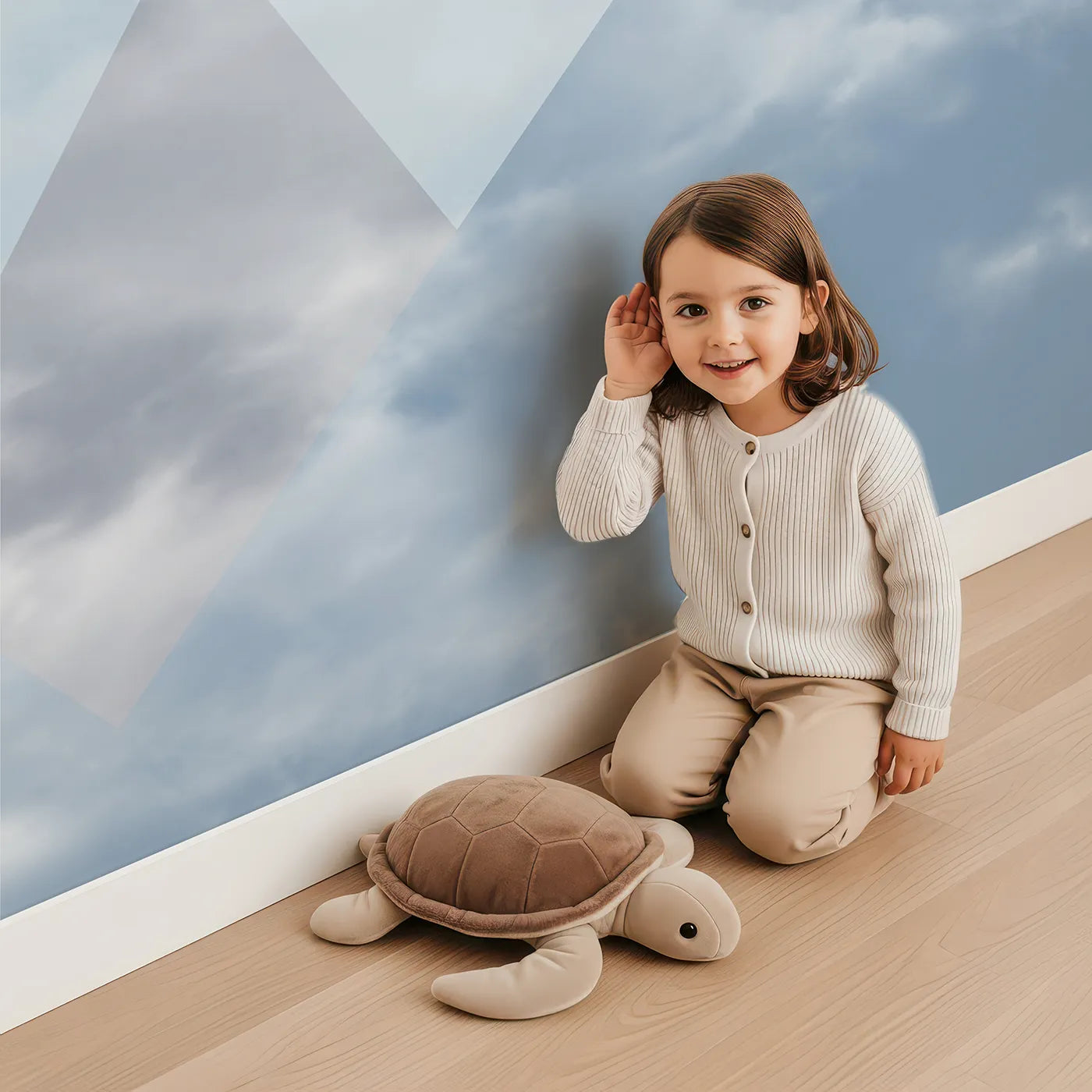 Child in front of Whimsy Tots Mountain Air Fleet Wall Mural with balloon, airplane, mountain, snow, vintage, sky, clouds, blue in design.