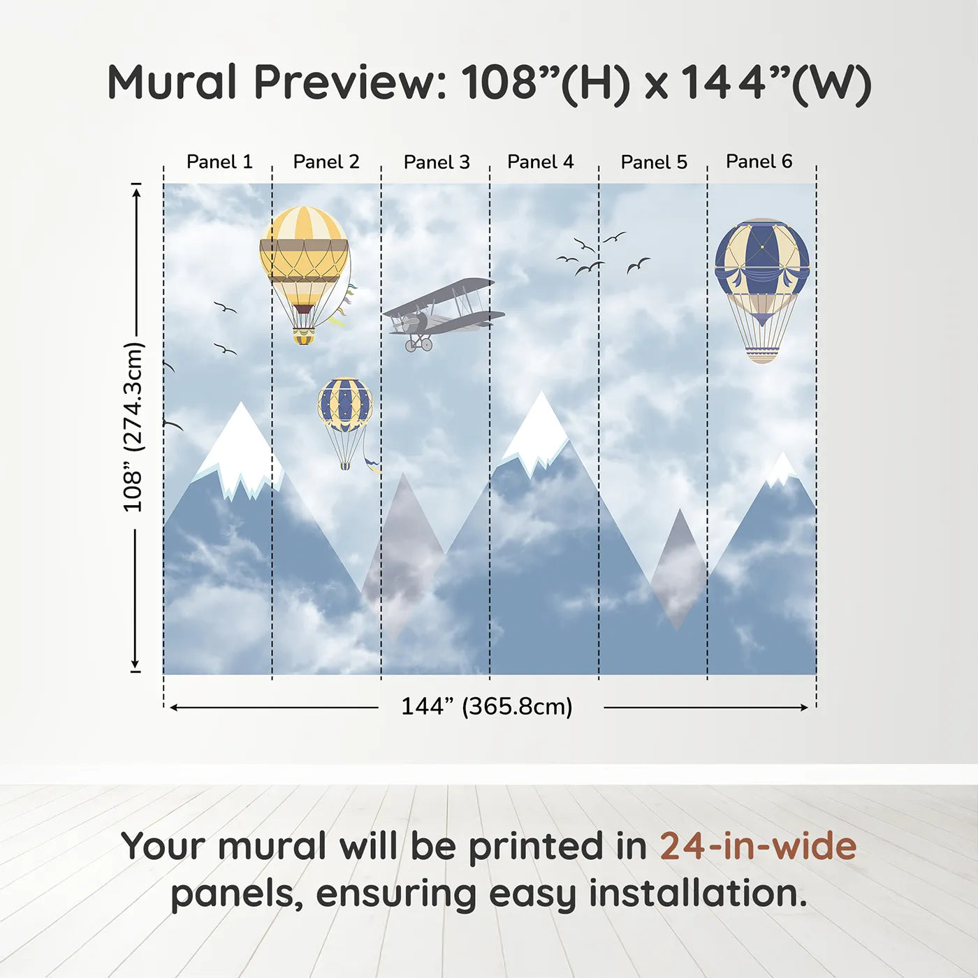 Whimsy Tots Mountain Air Fleet Wall Muraldimension view (108" H x 144" W). Printed in six 24-inch-wide panels. Gender-Neutral