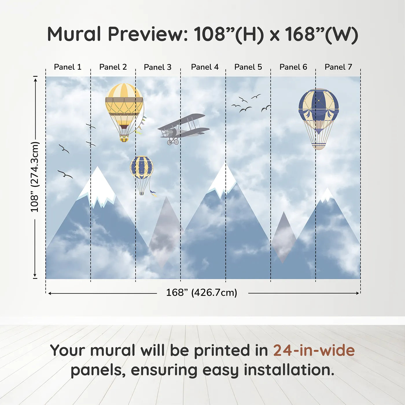 Whimsy Tots Mountain Air Fleet Wall Muraldimension view (108" H x 168" W). Printed in seven 24-inch-wide panels. Gender-Neutral