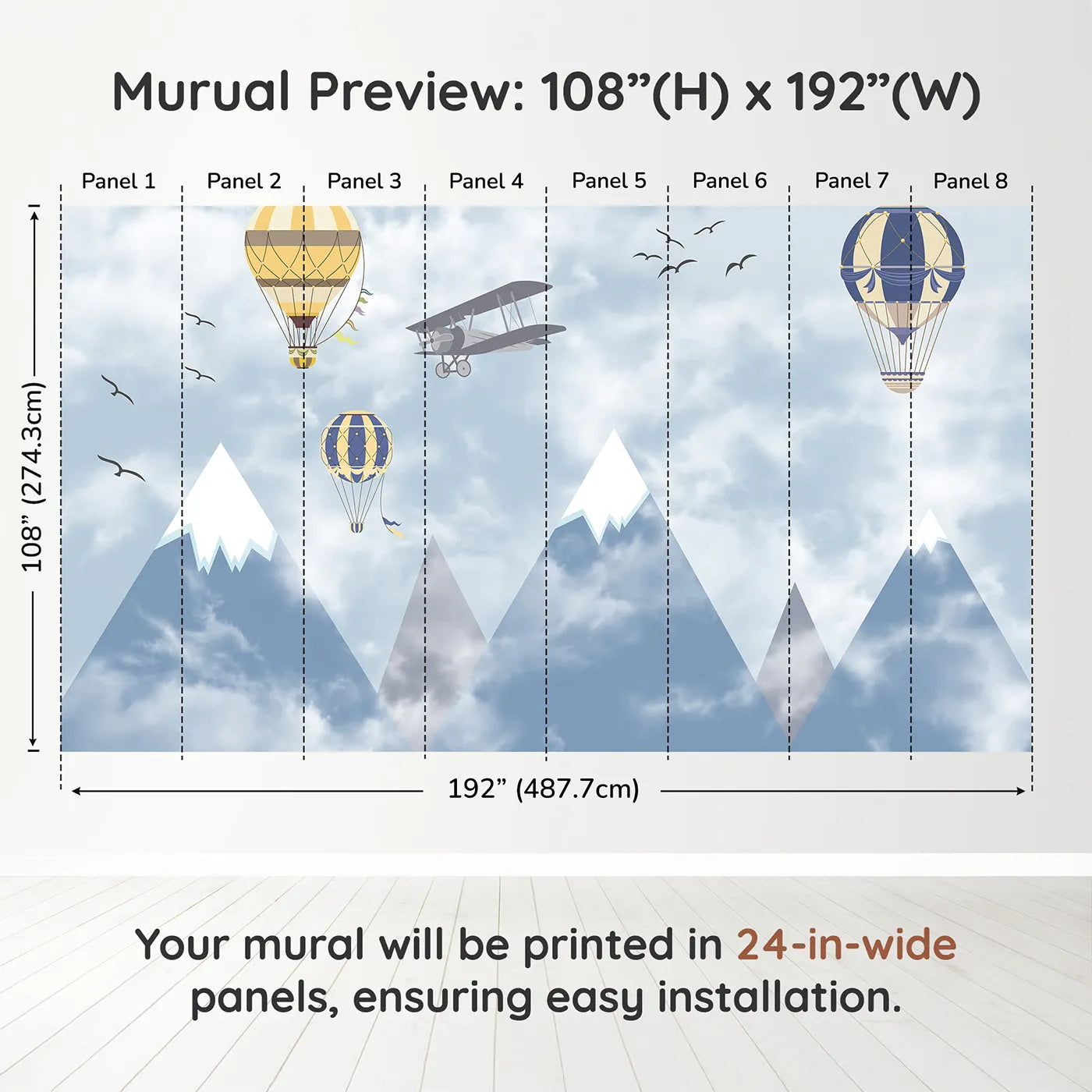 Whimsy Tots Mountain Air Fleet Wall Muraldimension view (108" H x 192" W). Printed in eight 24-inch-wide panels. Gender-Neutral