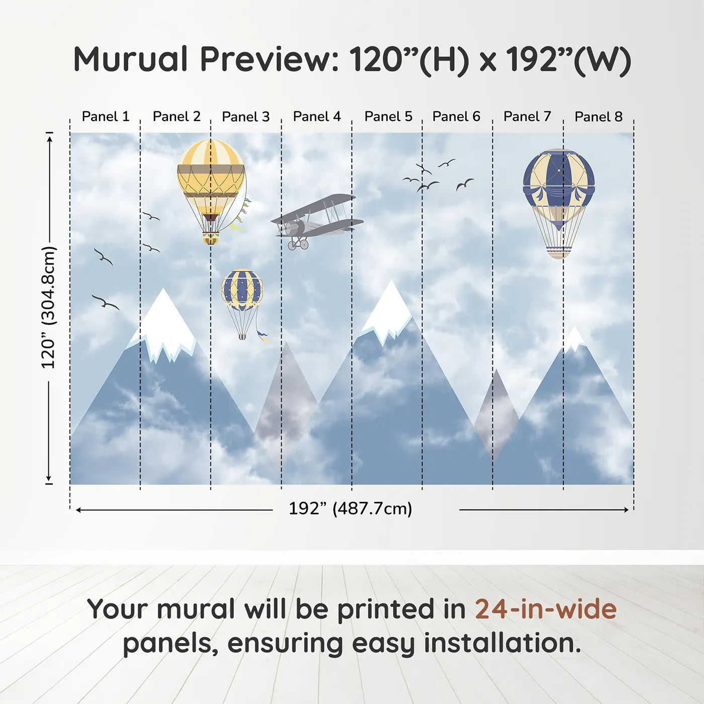 Whimsy Tots Mountain Air Fleet Wall Muraldimension view (120" H x 192" W). Printed in eight 24-inch-wide panels. Gender-Neutral