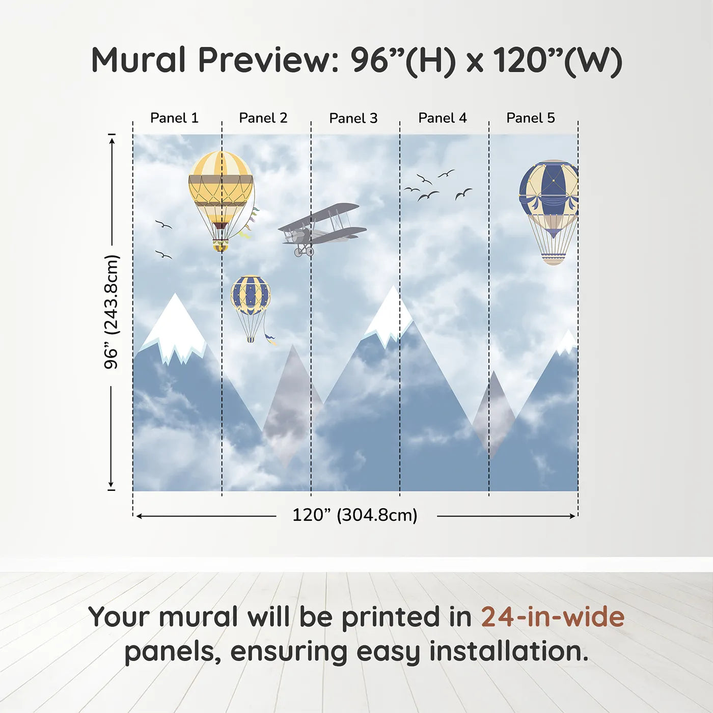 Whimsy Tots Mountain Air Fleet Wall Muraldimension view (96" H x 120" W). Printed in five 24-inch-wide panels. Gender-Neutral