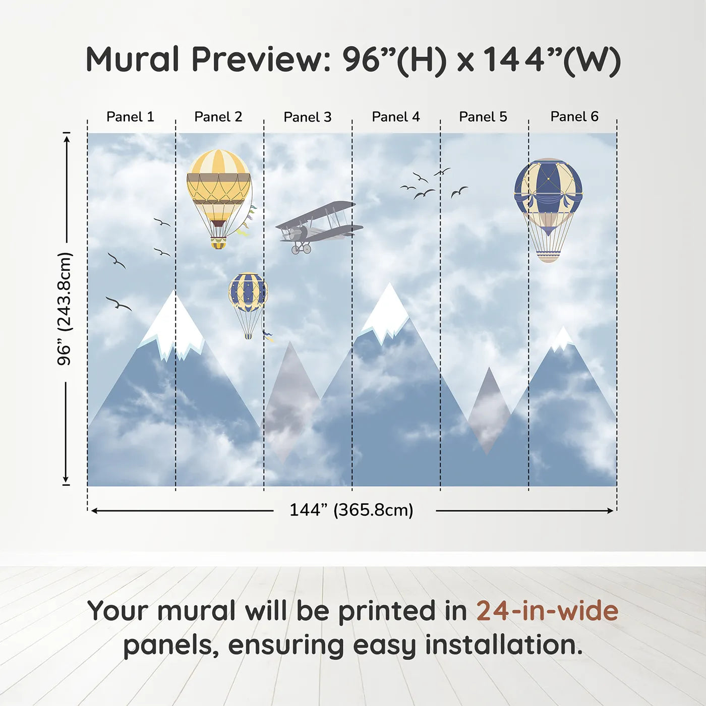 Whimsy Tots Mountain Air Fleet Wall Muraldimension view (96" H x 144" W). Printed in six 24-inch-wide panels. Gender-Neutral