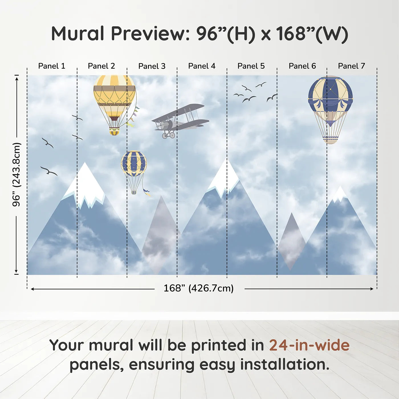 Whimsy Tots Mountain Air Fleet Wall Muraldimension view (96" H x 168" W). Printed in seven 24-inch-wide panels. Gender-Neutral