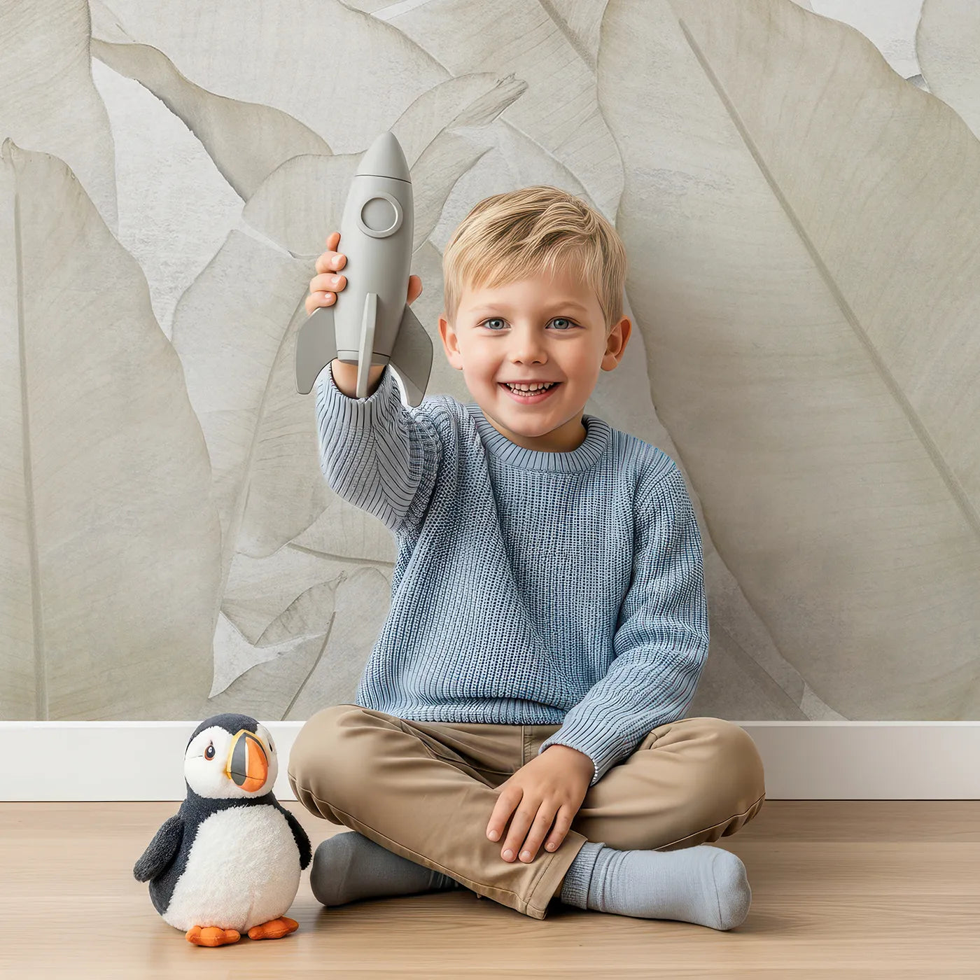Child in front of Whimsy Tots Translucent Banana Leaves Wall Mural with leaf, banana, tropical, beige, white, translucent, modern, minimalist in design.