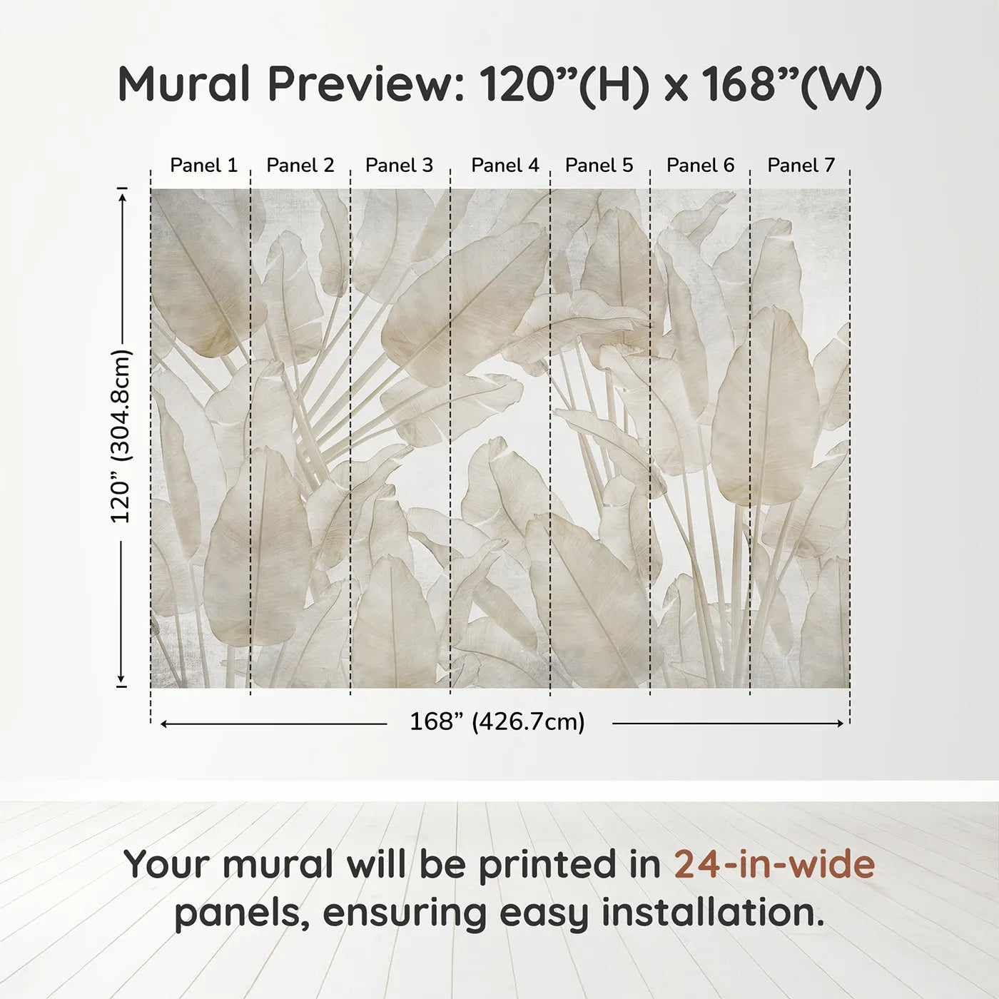 Whimsy Tots Translucent Banana Leaves Wall Muraldimension view (120" H x 168" W). Printed in seven 24-inch-wide panels. Gender-Neutral