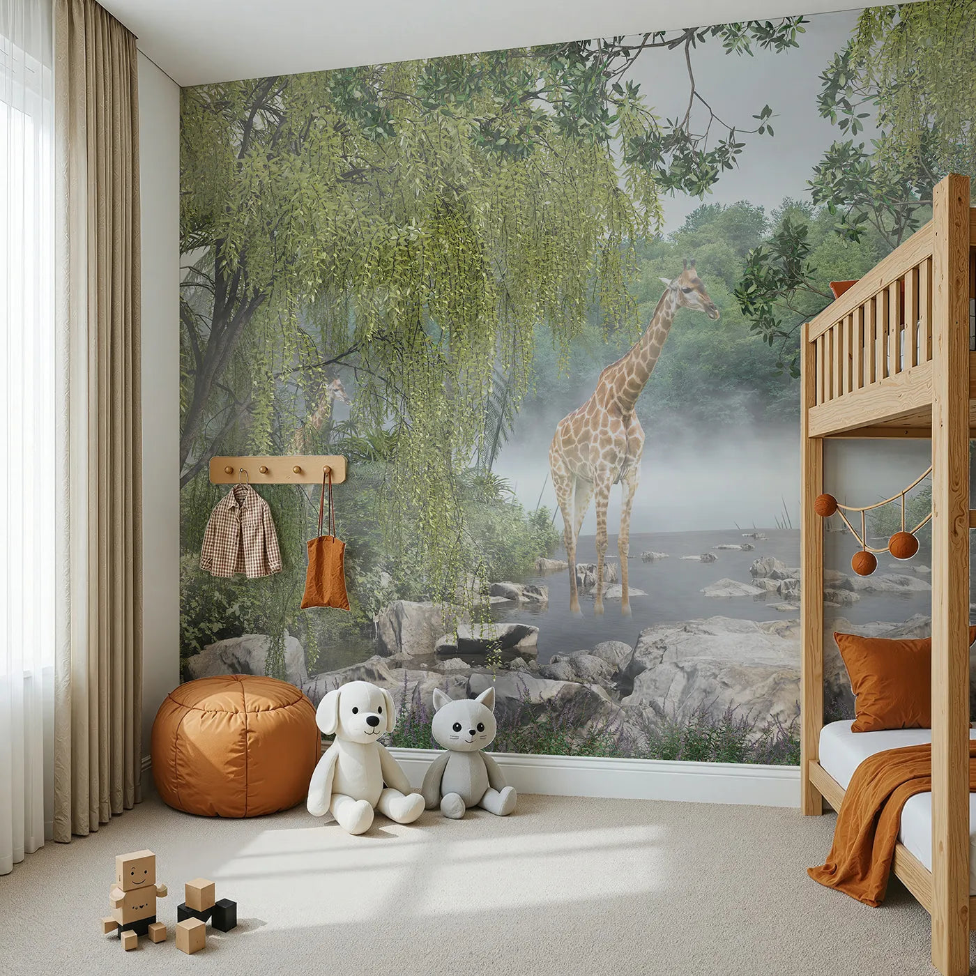 Angled view of Whimsy Tots' Misty River Giraffes Wall Mural (Turn Their Room into a Mysterious, Foggy Safari).Gender-Neutral
