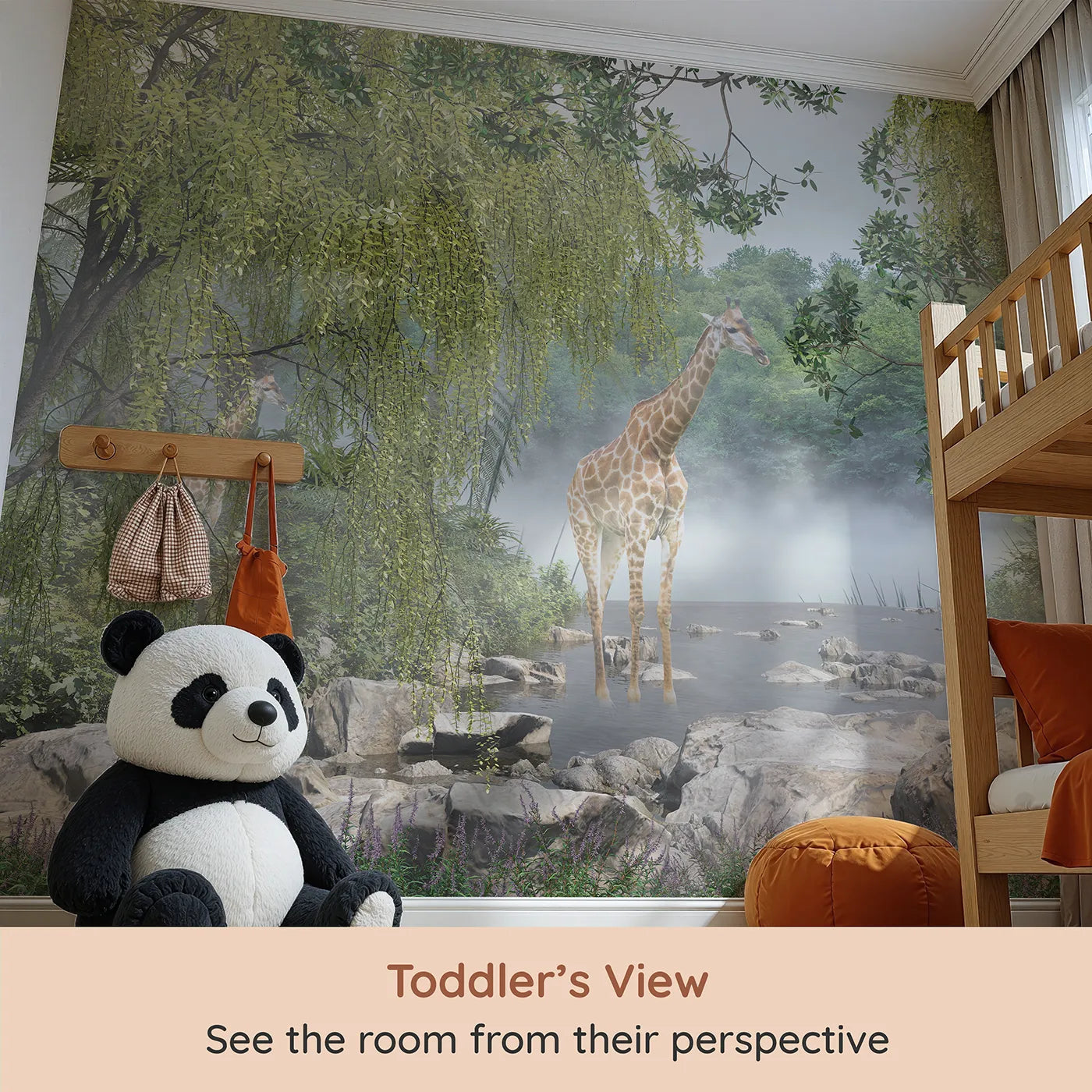 Whimsy Tots Misty River Giraffes Wall Mural (Turn Their Room into a Mysterious, Foggy Safari) from your child's view.Gender-Neutral